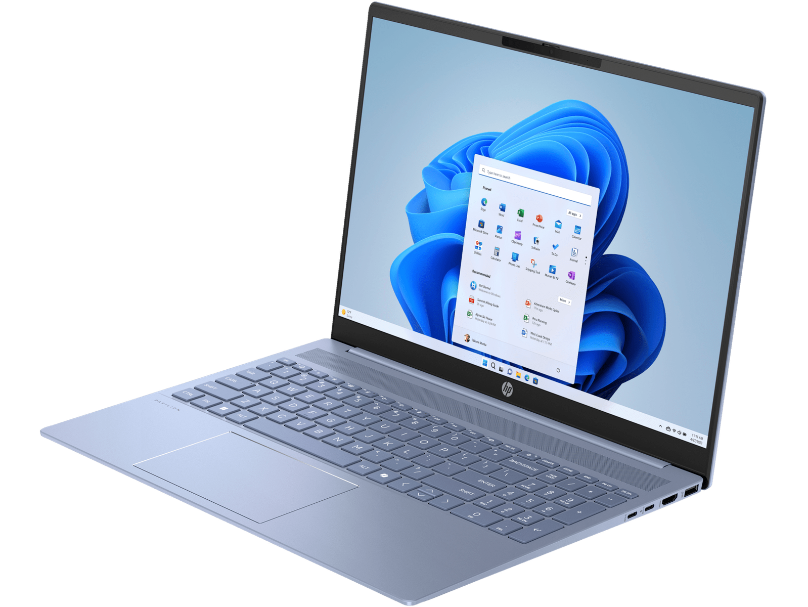 Portátil azul con interfaz de Windows 11 mostrada en la pantalla.