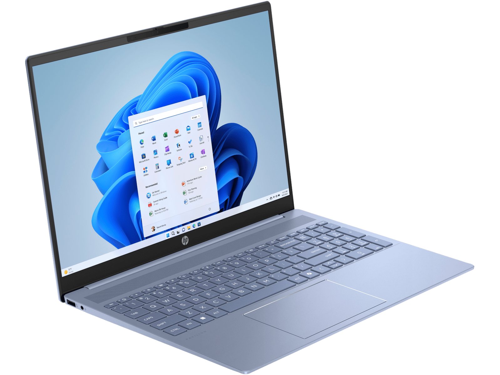Portátil azul con pantalla encendida mostrando Windows 11. El teclado es visible.