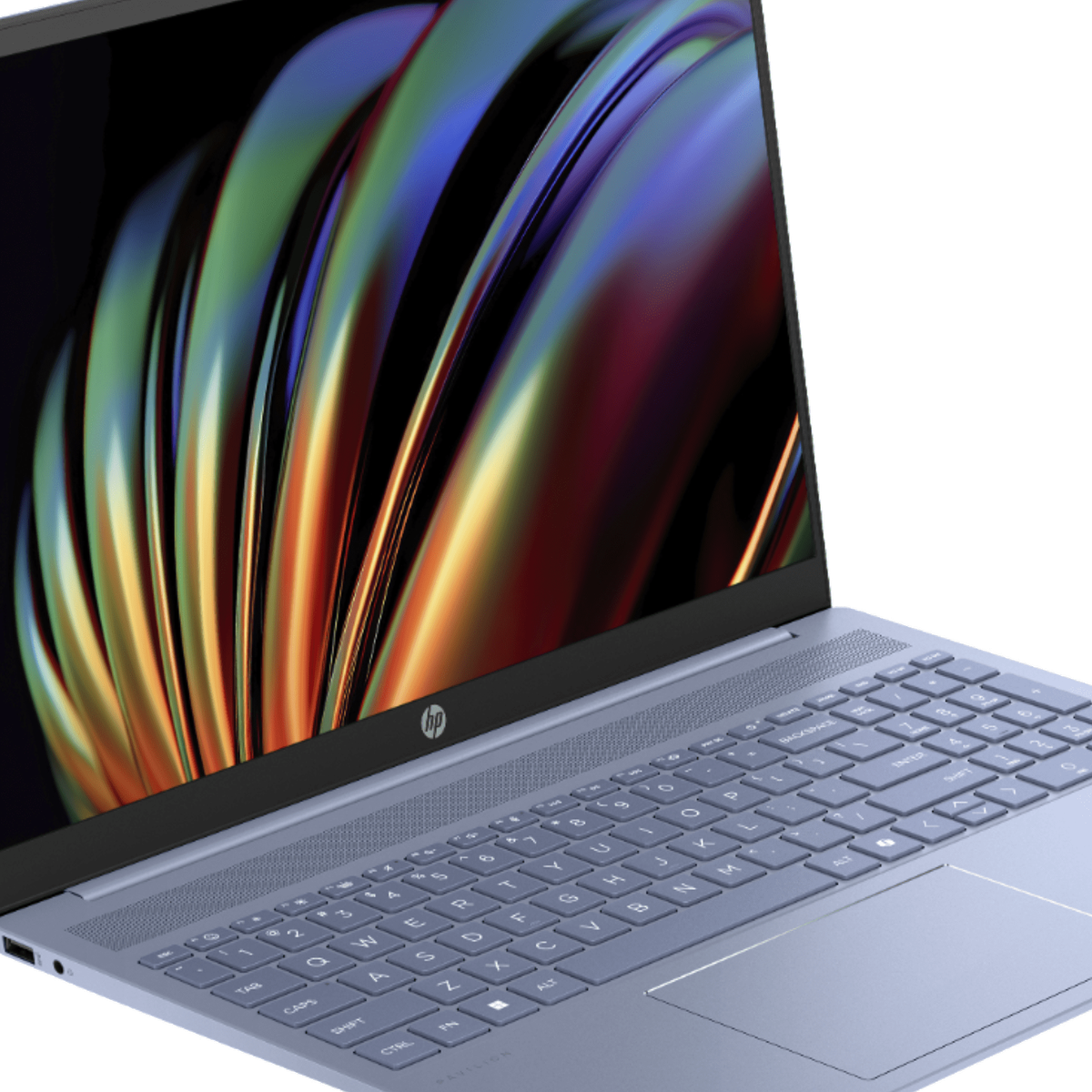 Laptop azul, abierto. Muestra teclado, pantalla con gráficos coloridos. Logo HP arriba.