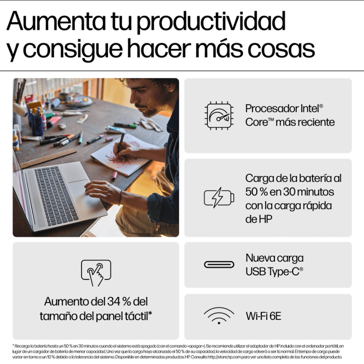 Un hombre dibujando en una laptop. Iconos y texto describen las características de la laptop, incluido un cargador rápido y puerto USB-C.