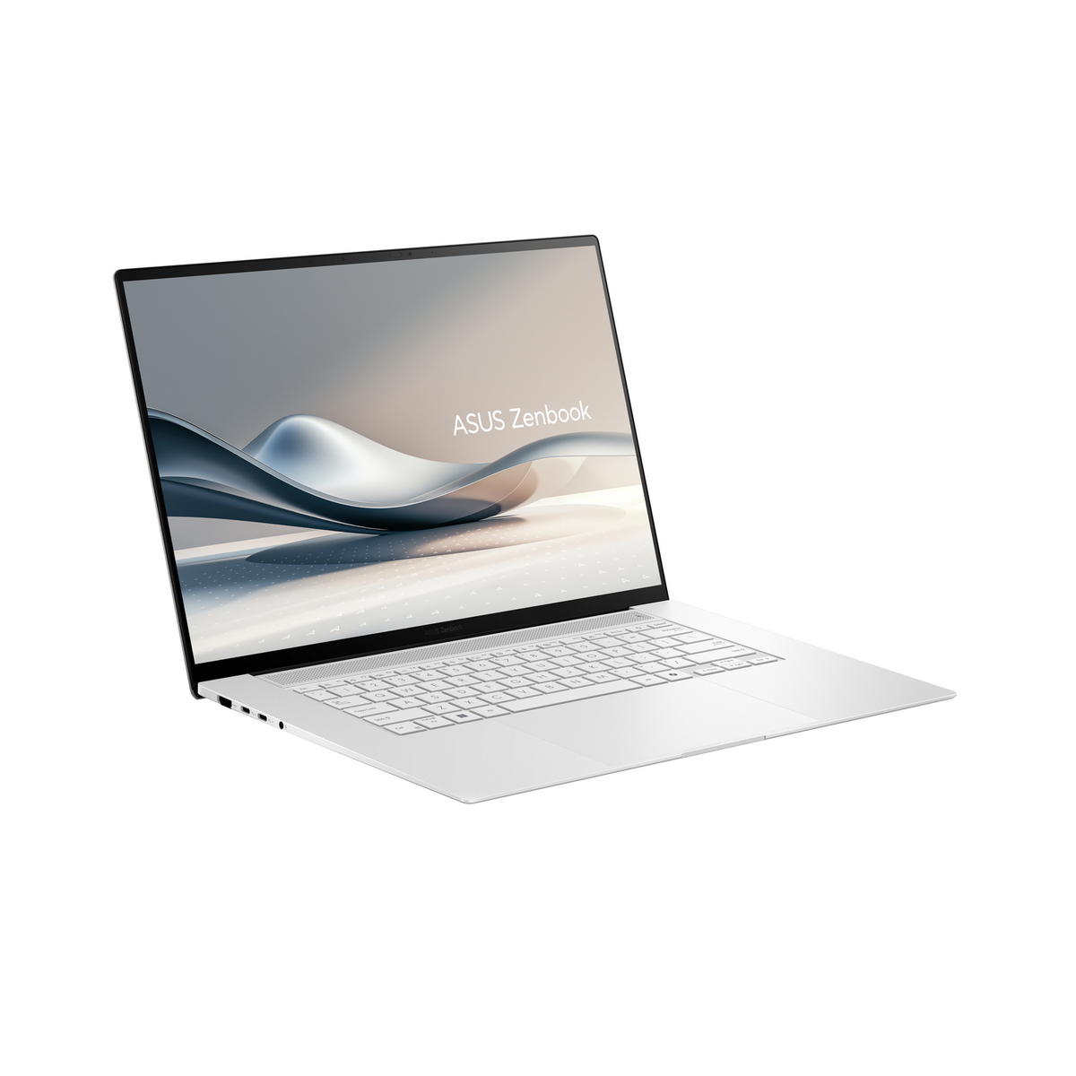 Portátil ASUS Zenbook blanco abierto sobre una superficie blanca. La pantalla muestra el logo ASUS Zenbook.
