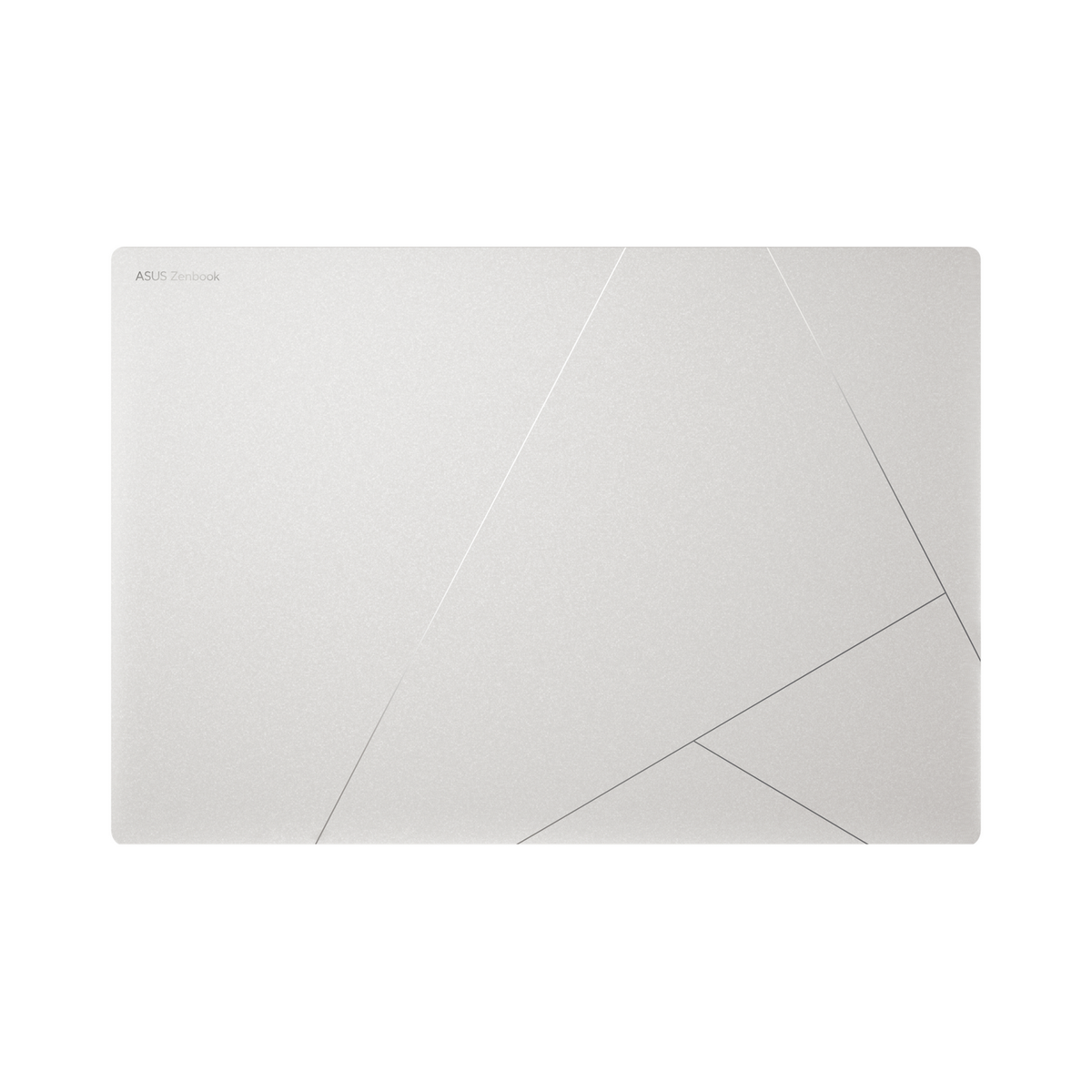 Vista superior de un portátil blanco con superficie estampada, con el logotipo de ASUS Zenbook.
