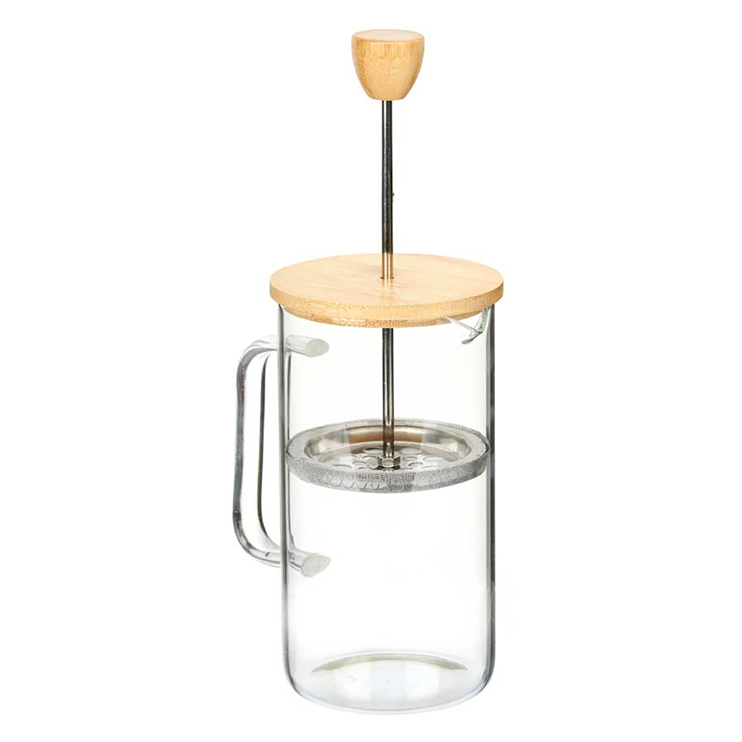 Cafetera de prensa francesa de vidrio. Tapa y mango de madera. Vidrio transparente, filtro de acero inoxidable.