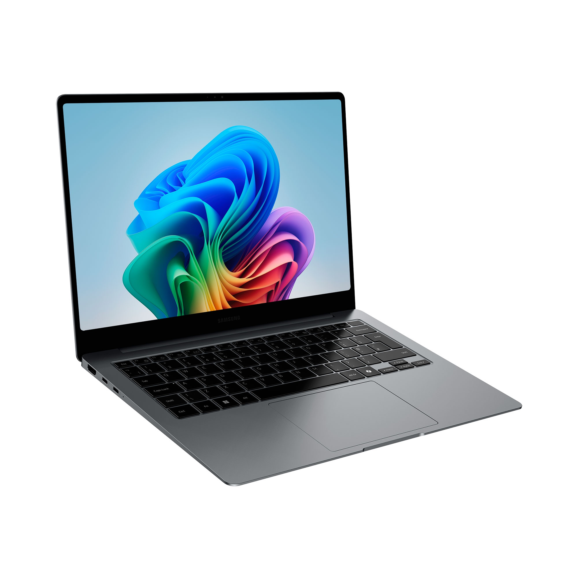 Laptop gris con pantalla colorida, abierto.