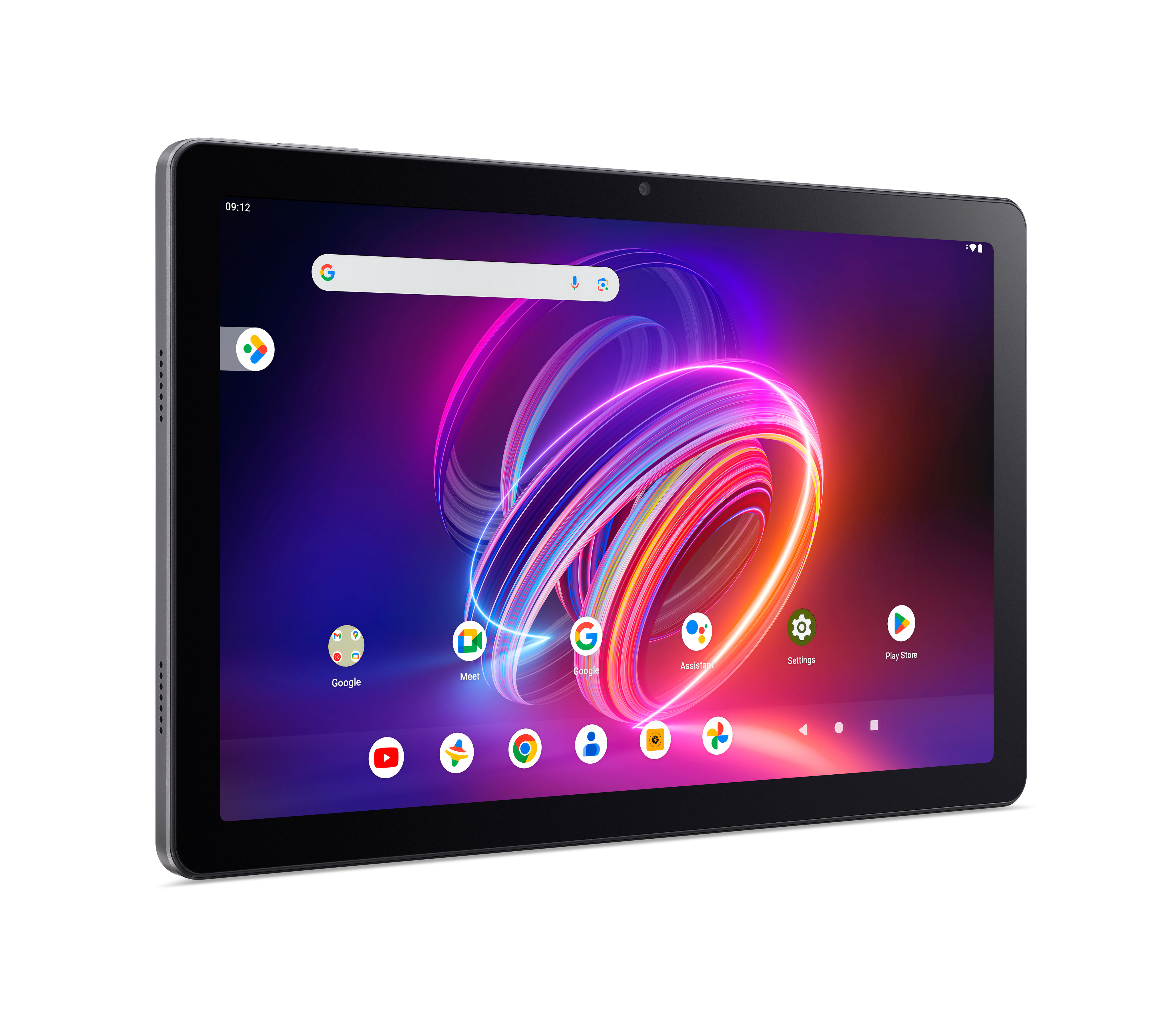 Tablet mit farbenfrohem Bildschirm, der App-Symbole und eine Suchleiste anzeigt. Isoliert auf Weiß.