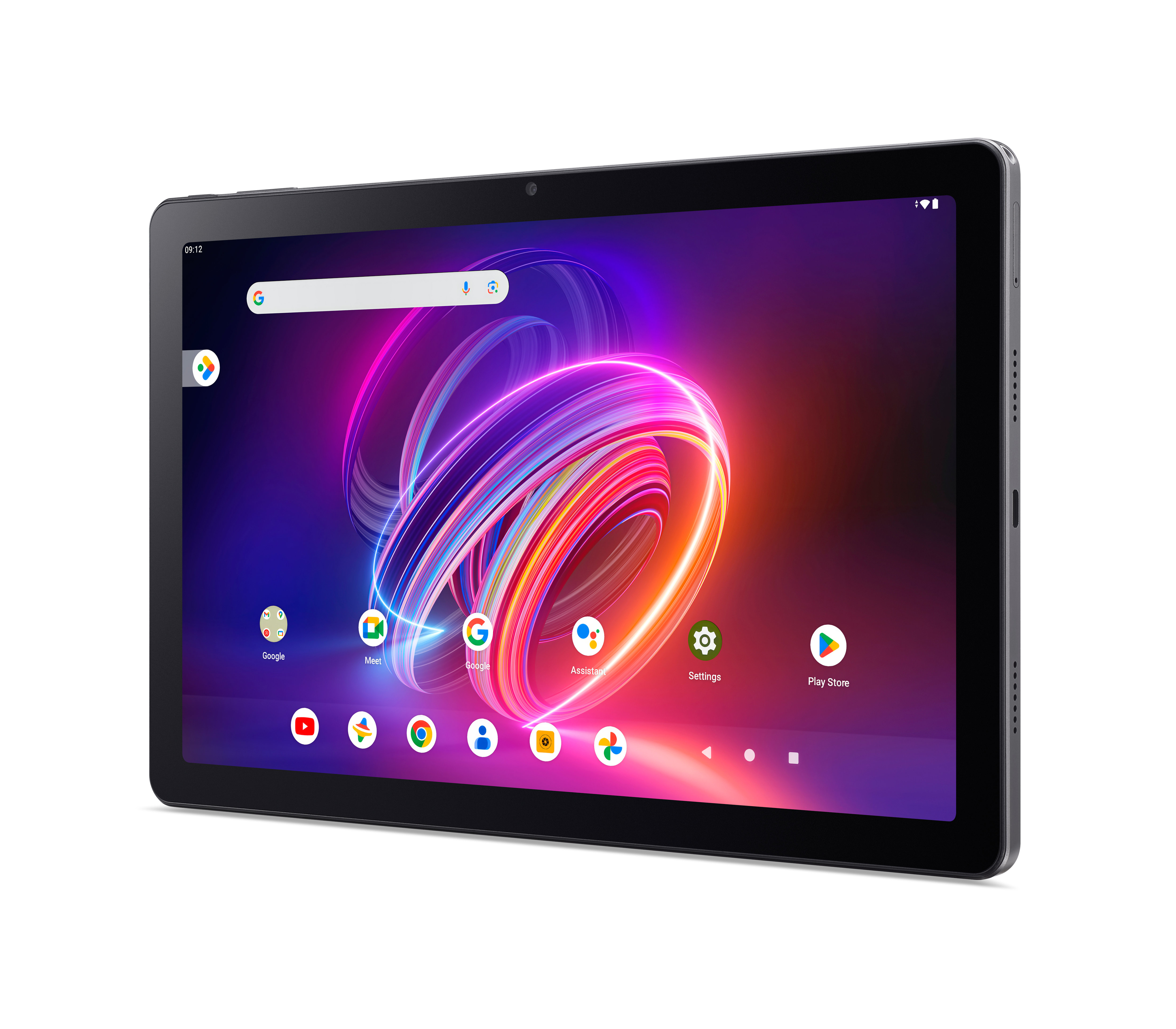 Ein schwarzes Tablet mit einem farbenfrohen Bildschirm, der Apps anzeigt.