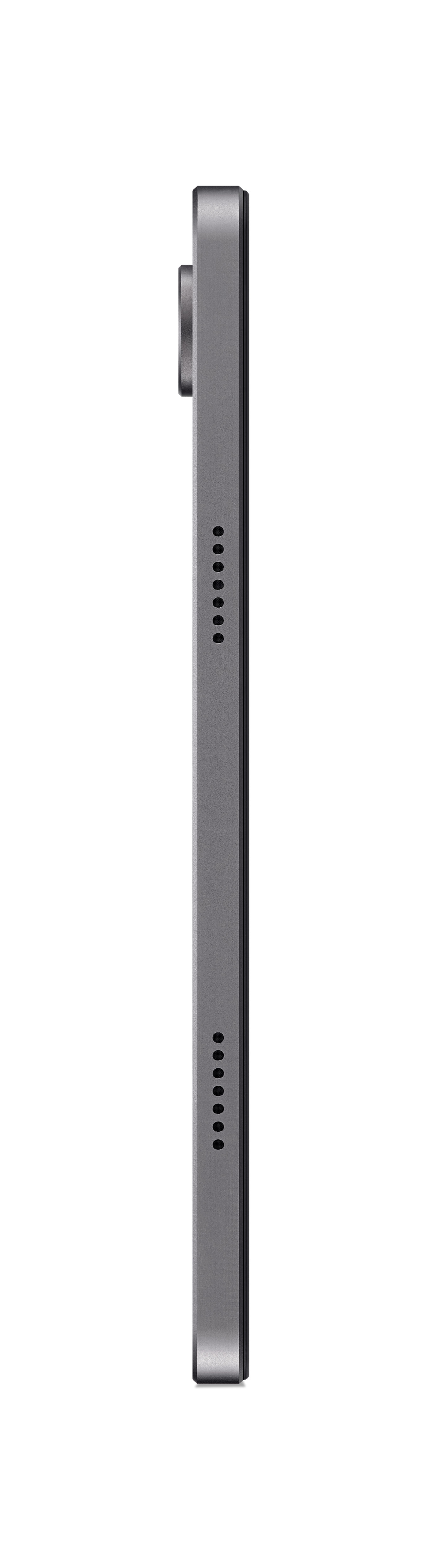 Seitenansicht eines grauen Tablets mit Kamera und Lautsprecherlöchern, weißer Hintergrund.