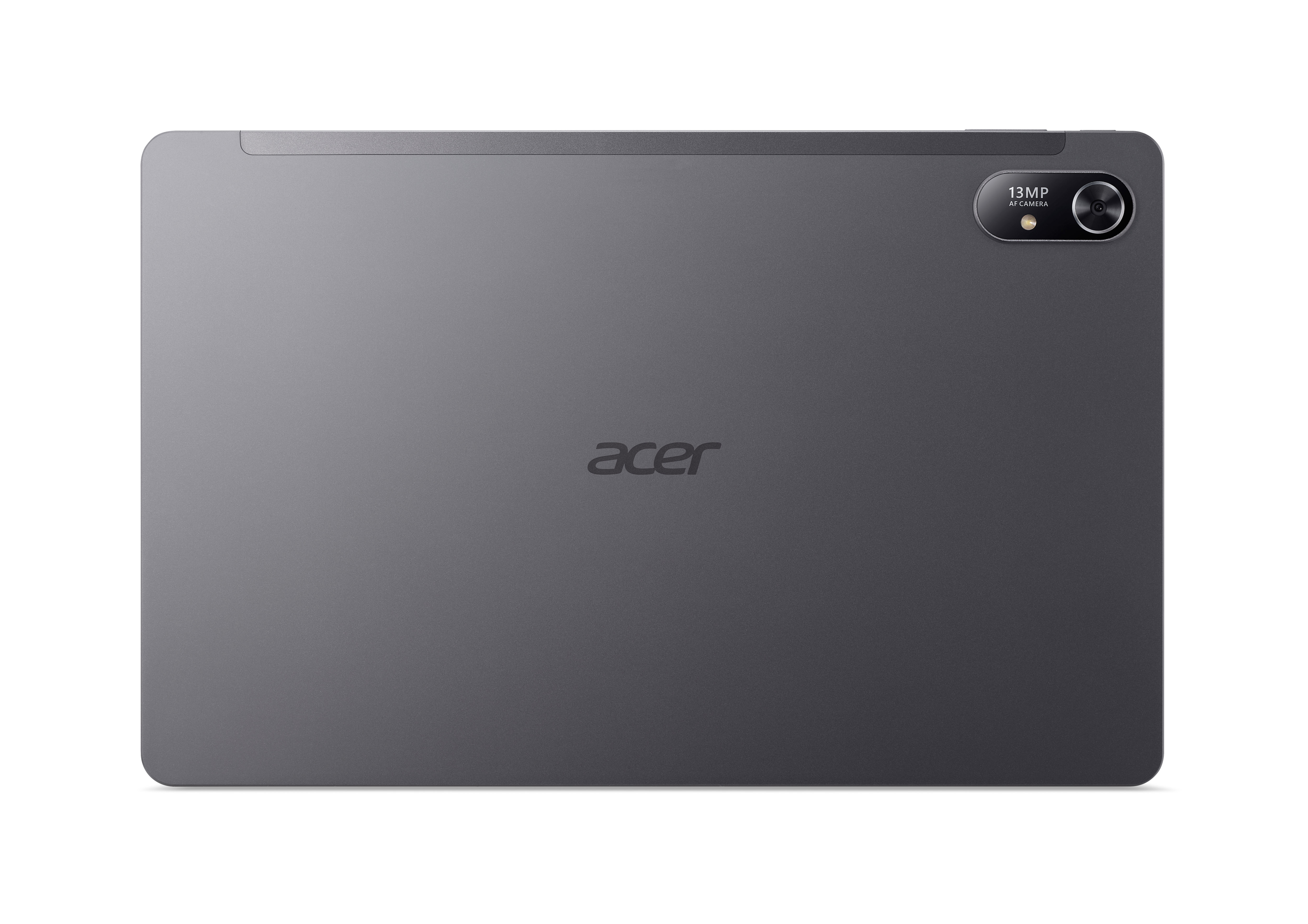 Ein graues Acer-Tablet. Die Rückseite des Tablets ist sichtbar, mit der Kamera oben rechts.