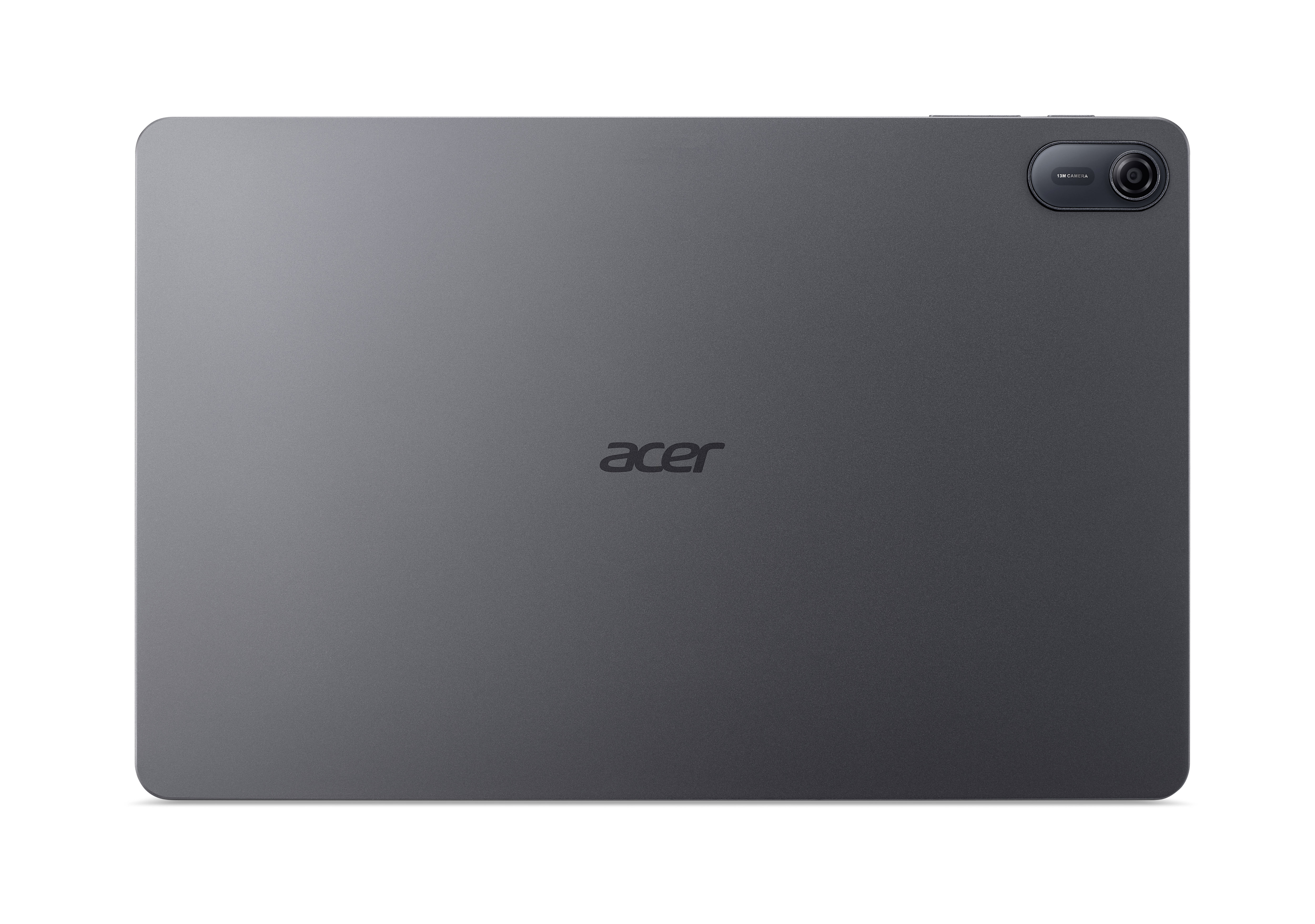 Ciemnoszary tablet Acer, widok z tyłu. Logo Acer pośrodku, aparat w prawym górnym rogu.