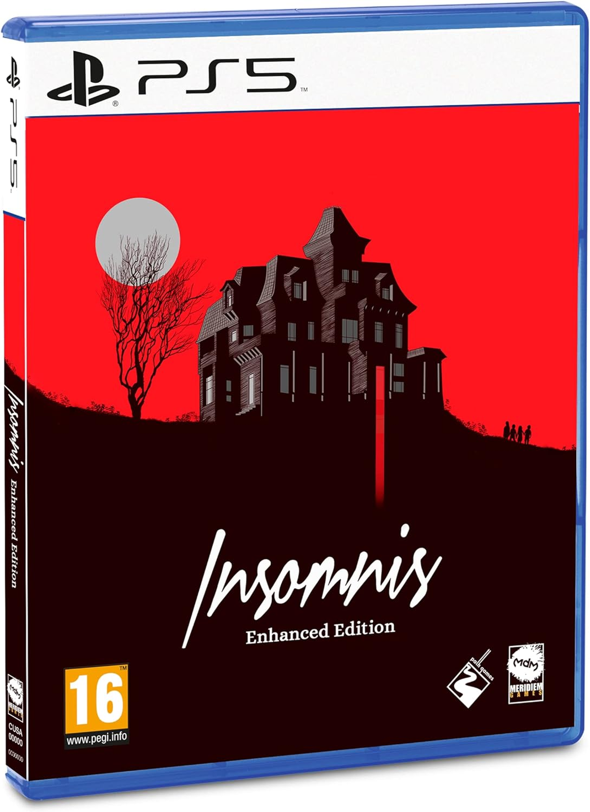 Okładka gry PS5 'Insomnis' z ilustracją nawiedzonego domu i czerwonym niebem.