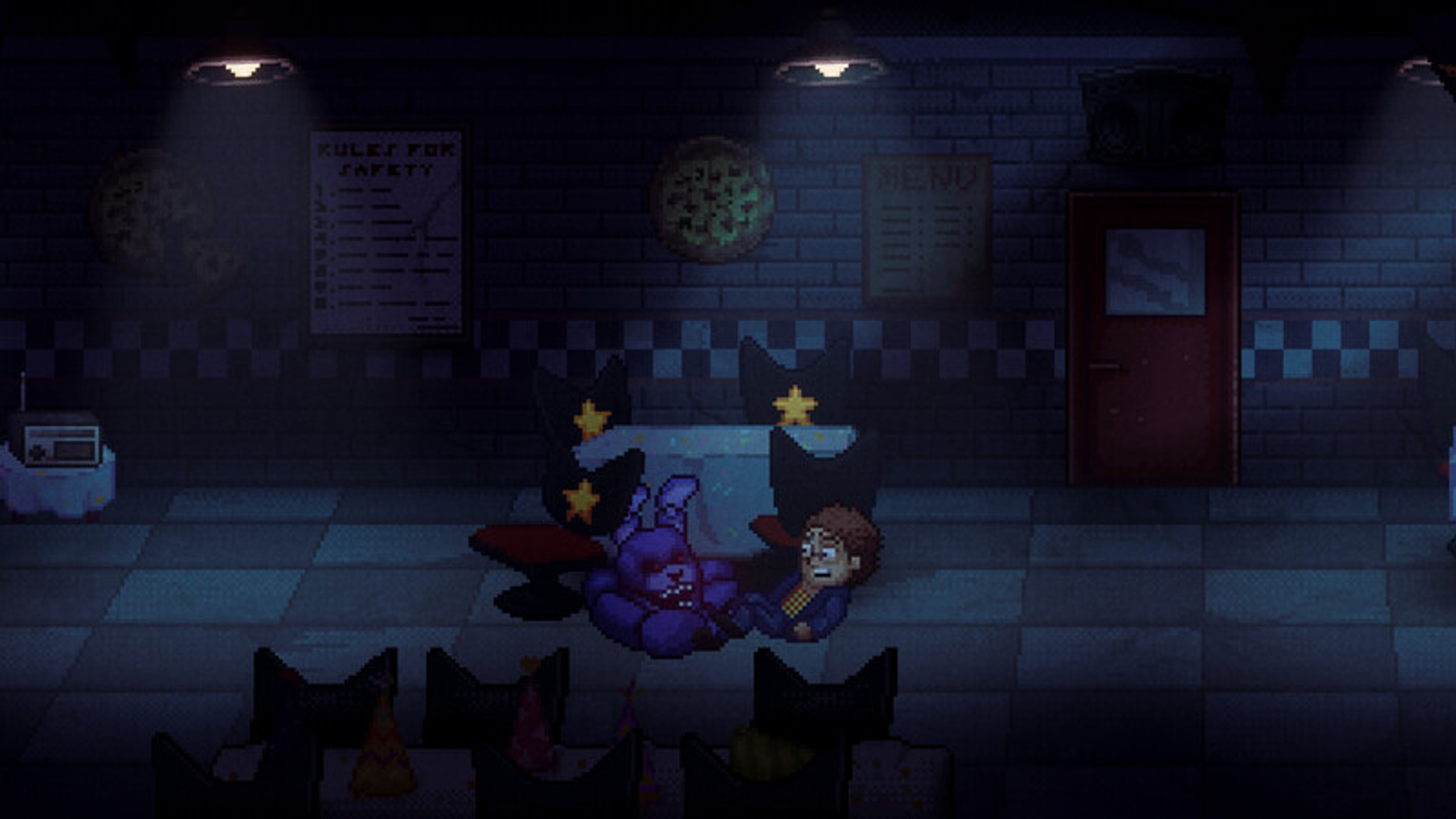 Una escena pixelada en una habitación oscura con un hombre y un monstruo morado, con pizza y menú.
