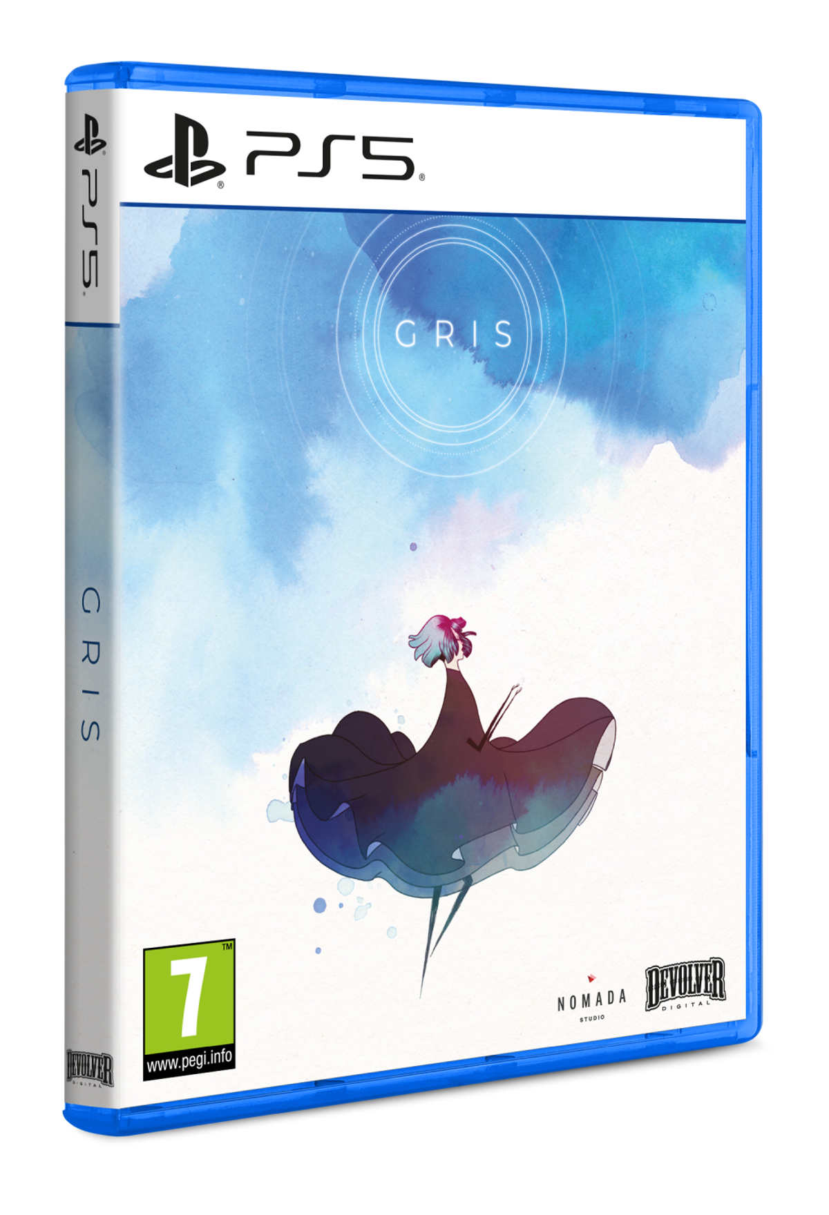 Caja de juego PS5 para GRIS, con una figura con capa.