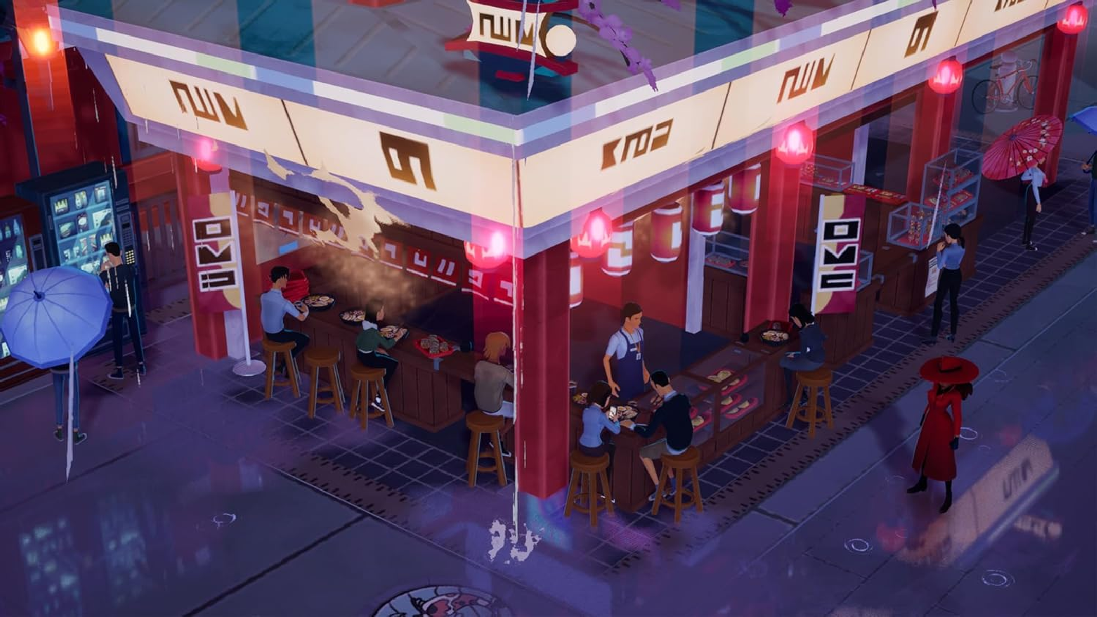 Scena uliczna z restauracją, klientami i parasolami. Budynki z czerwono-białymi markizami w tle.