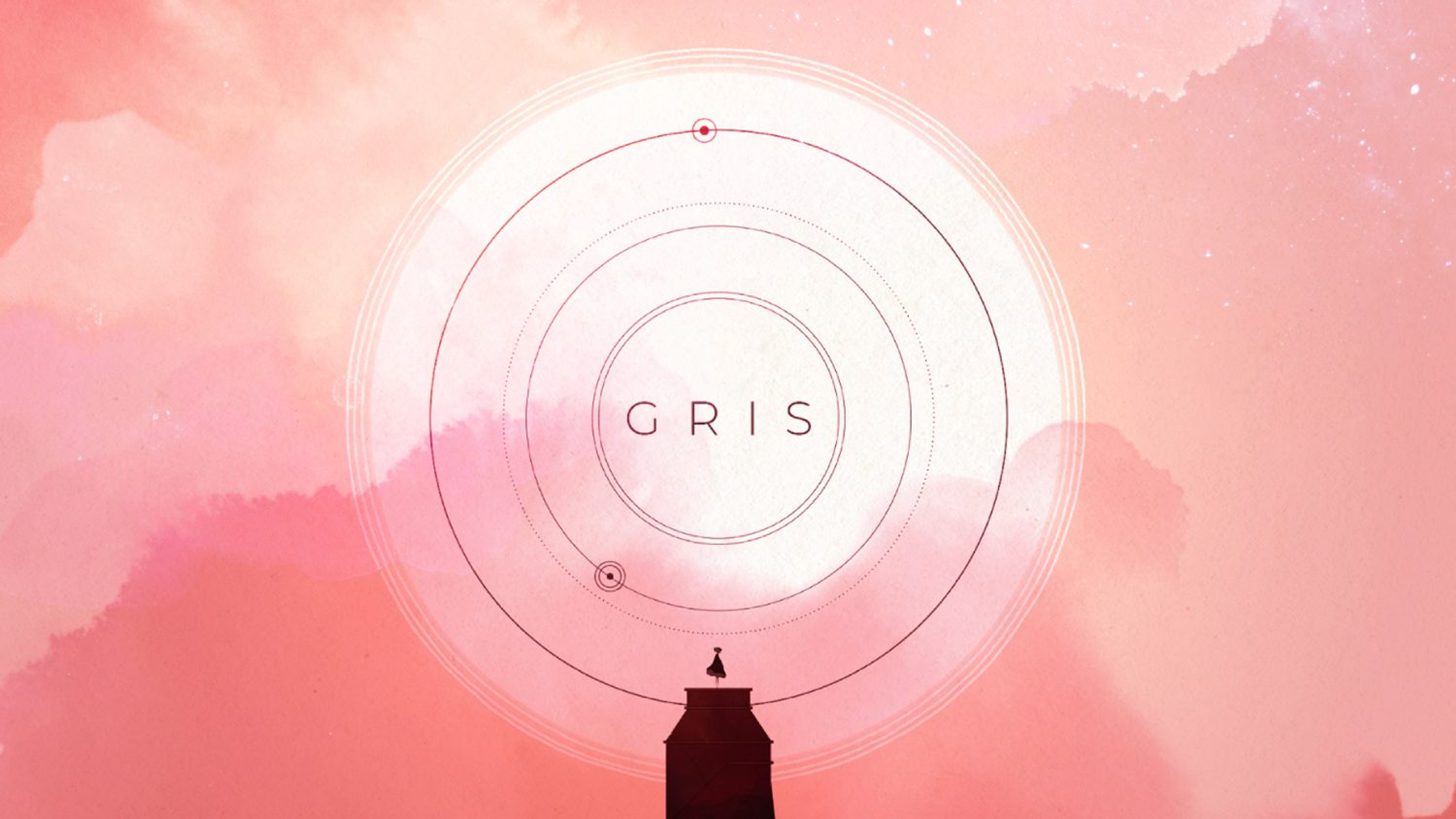 Un gráfico colorido para el videojuego Gris. Una mujer está de pie sobre un edificio.