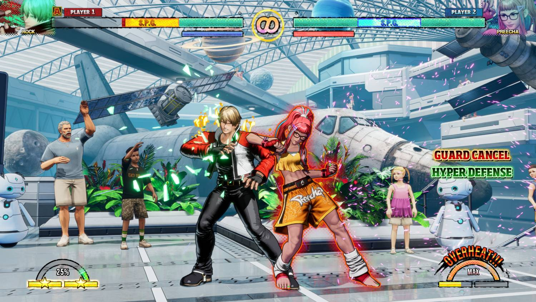 Scena gry walki z dwoma postaciami. Tło ma futurystyczne elementy.