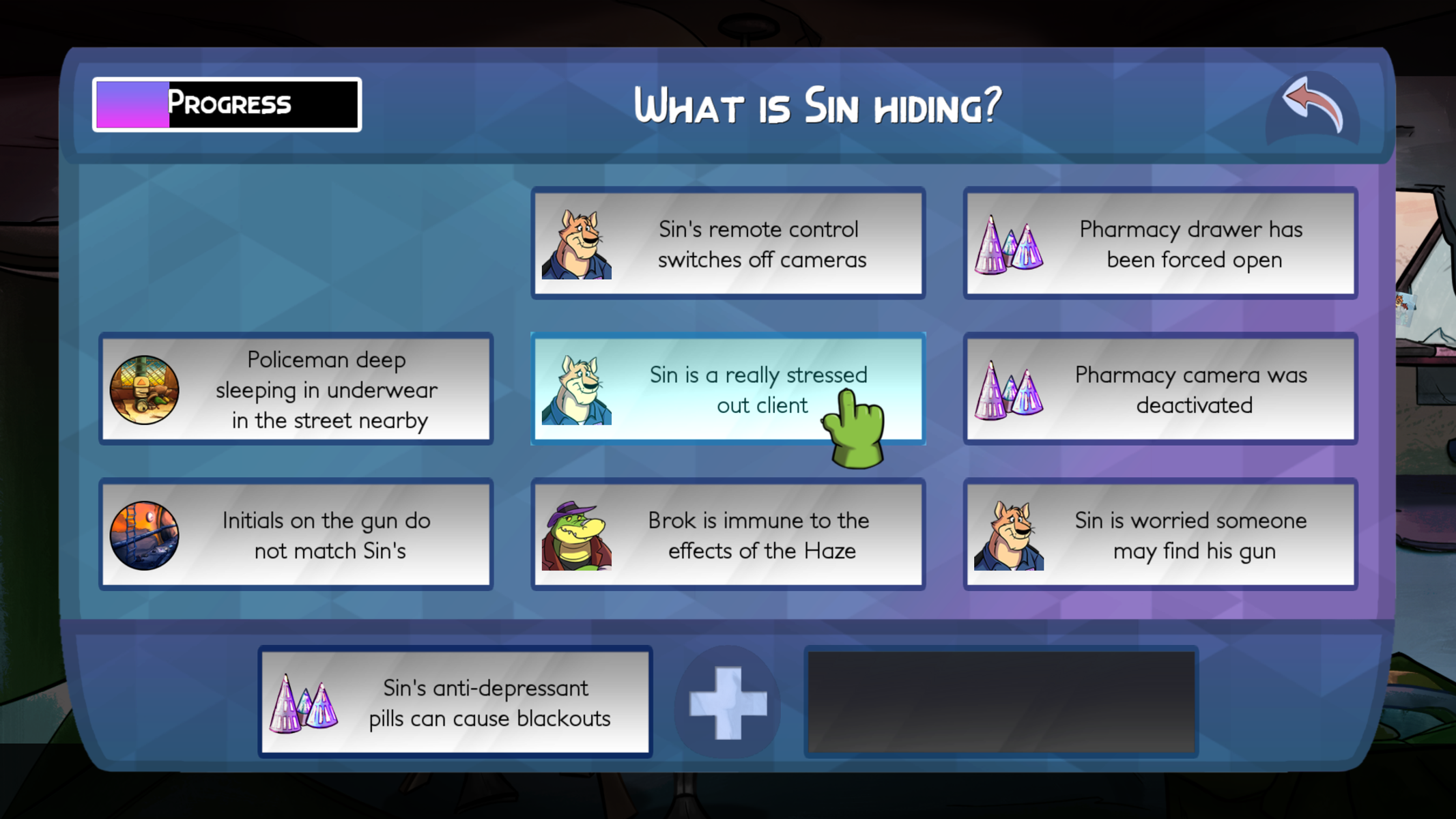 Una interfaz de juego con múltiples cuadros y texto sobre un cliente estresado, con imágenes de personajes de dibujos animados.