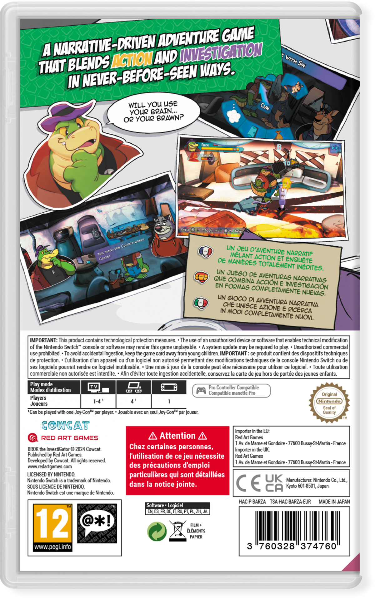 Il retro di una scatola di gioco per Nintendo Switch. Mostra una scena di gioco con testo e classificazione per età.