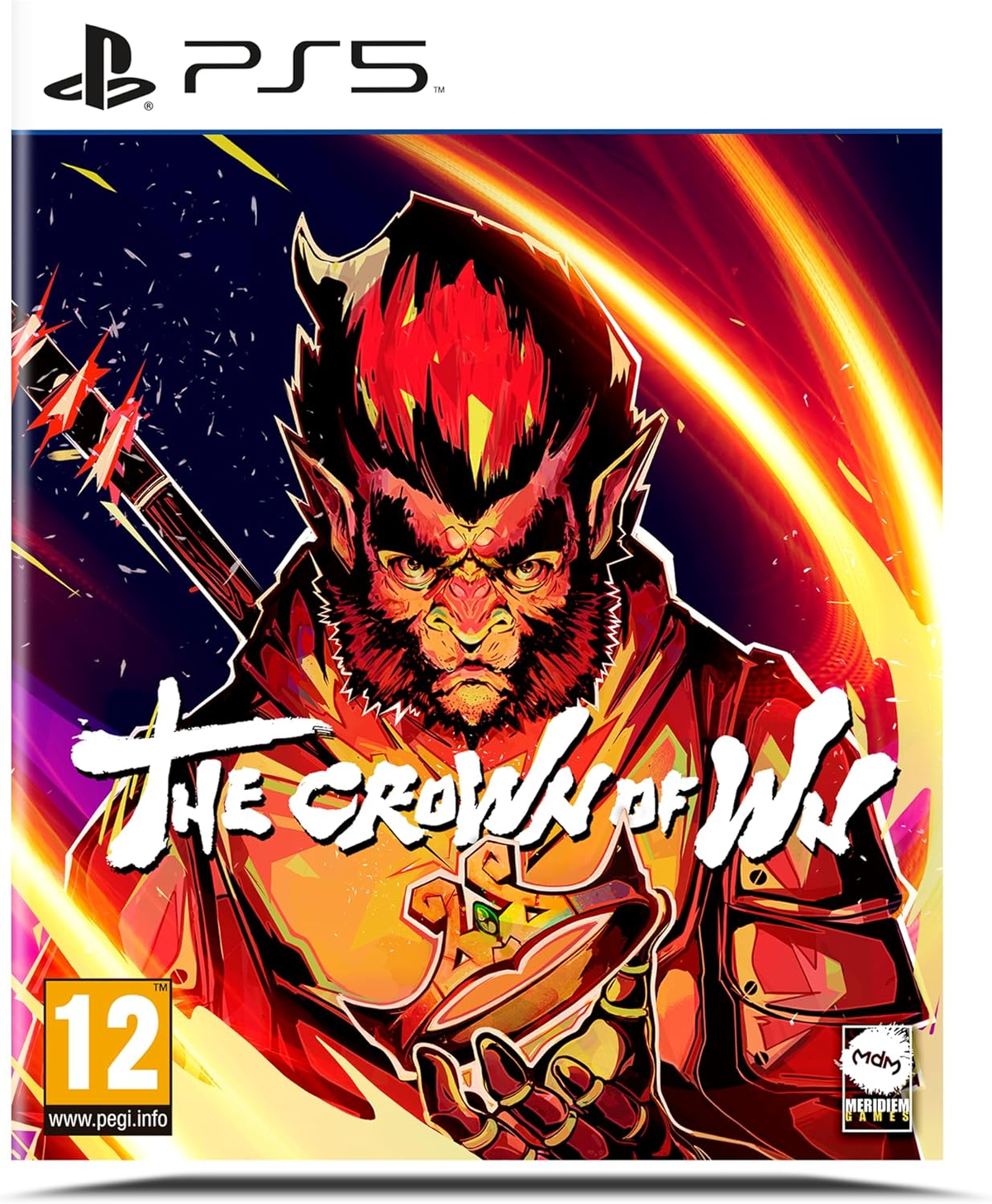 Jaquette du jeu "The Crown of Wu" sur PS5. Avec une figurine simiesque avec une épée.