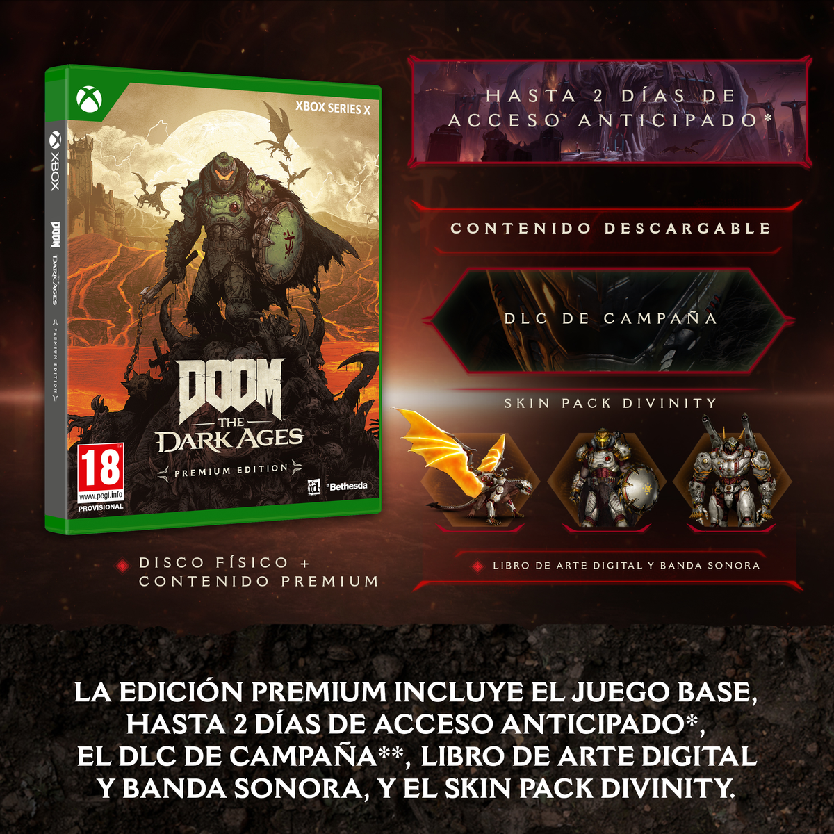 Pudełko gry Xbox Series X dla Doom: The Dark Ages. Zawiera grafikę gry, informacje o DLC i etykietę edycji premium.