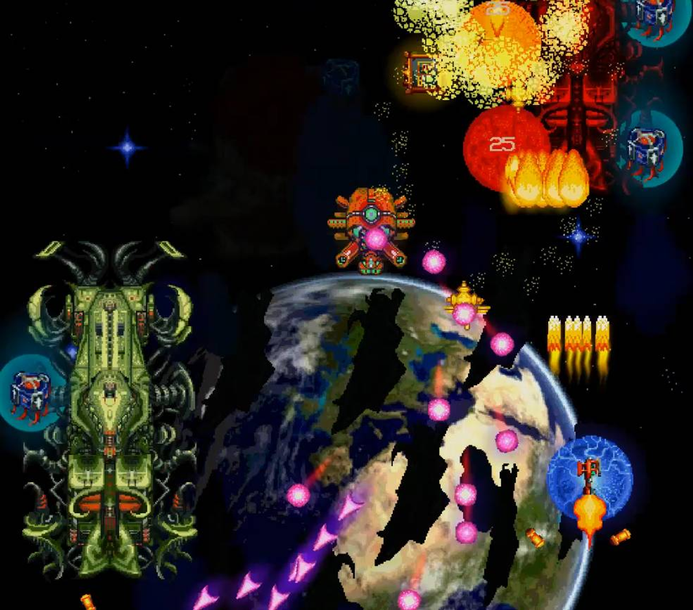Una escena de juego de disparos espaciales con una nave, fondo espacial y explosiones. La Tierra es visible.