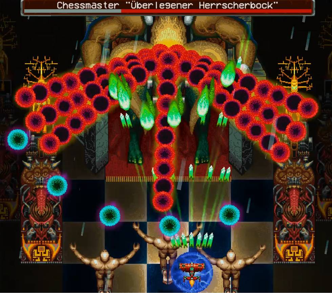 Escena de videojuego pixelada con un jefe y personajes en un entorno oscuro.