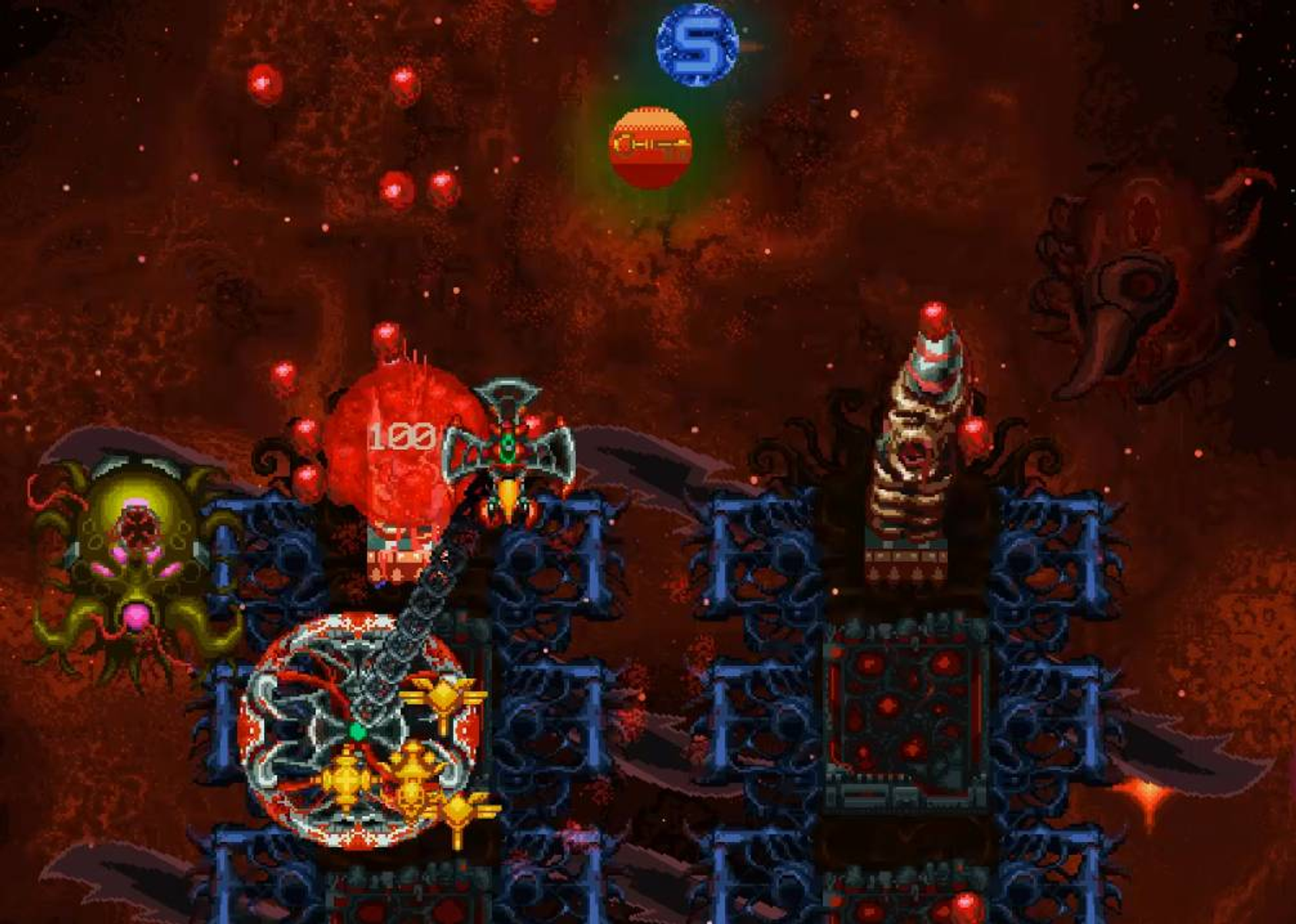 Escena de videojuego pixelada. Predominan los colores rojo y negro con criaturas alienígenas.
