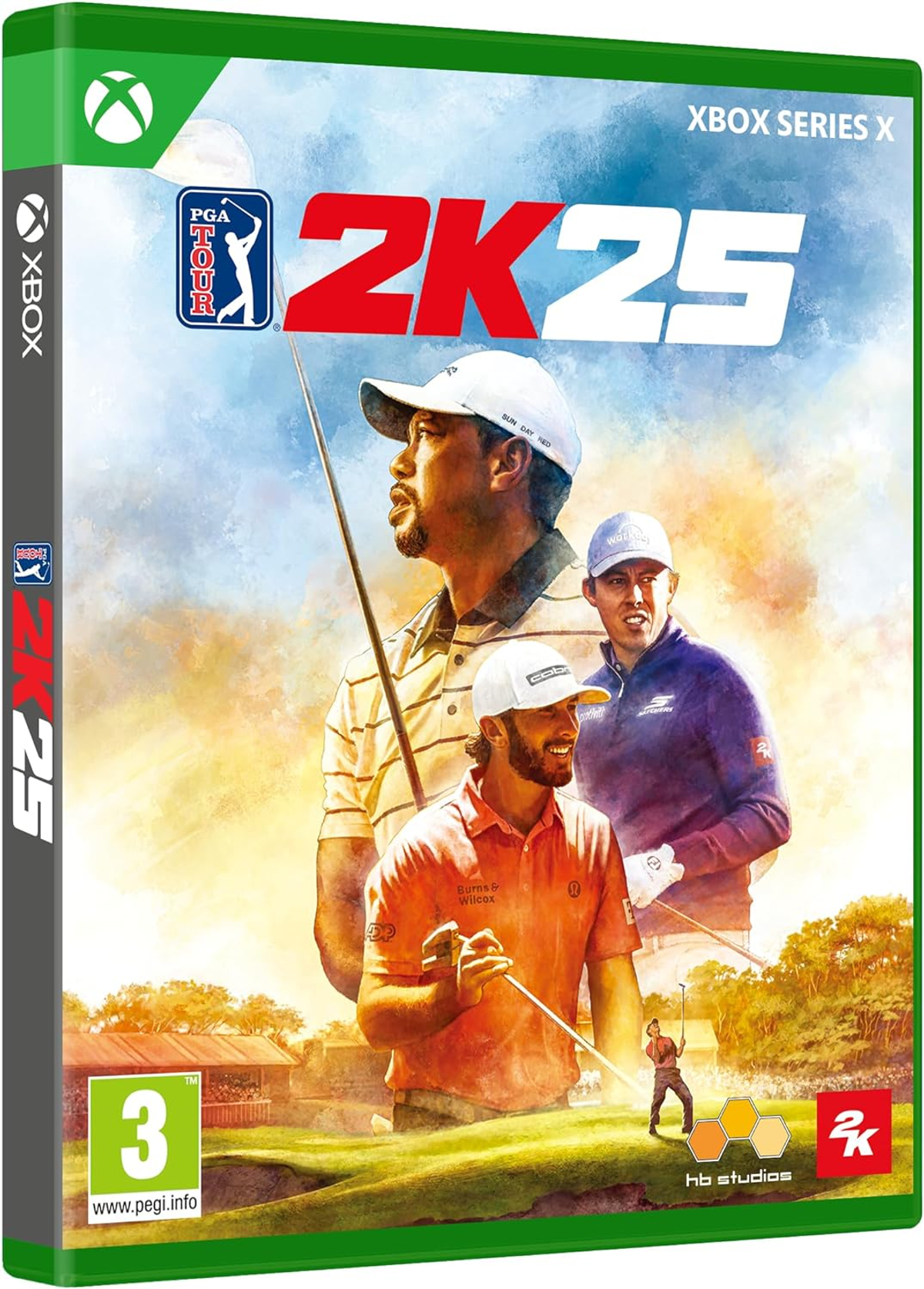 Pudełko gry Xbox dla PGA Tour 2K25. Zawiera graczy w golfa. Zielono-białe pudełko.