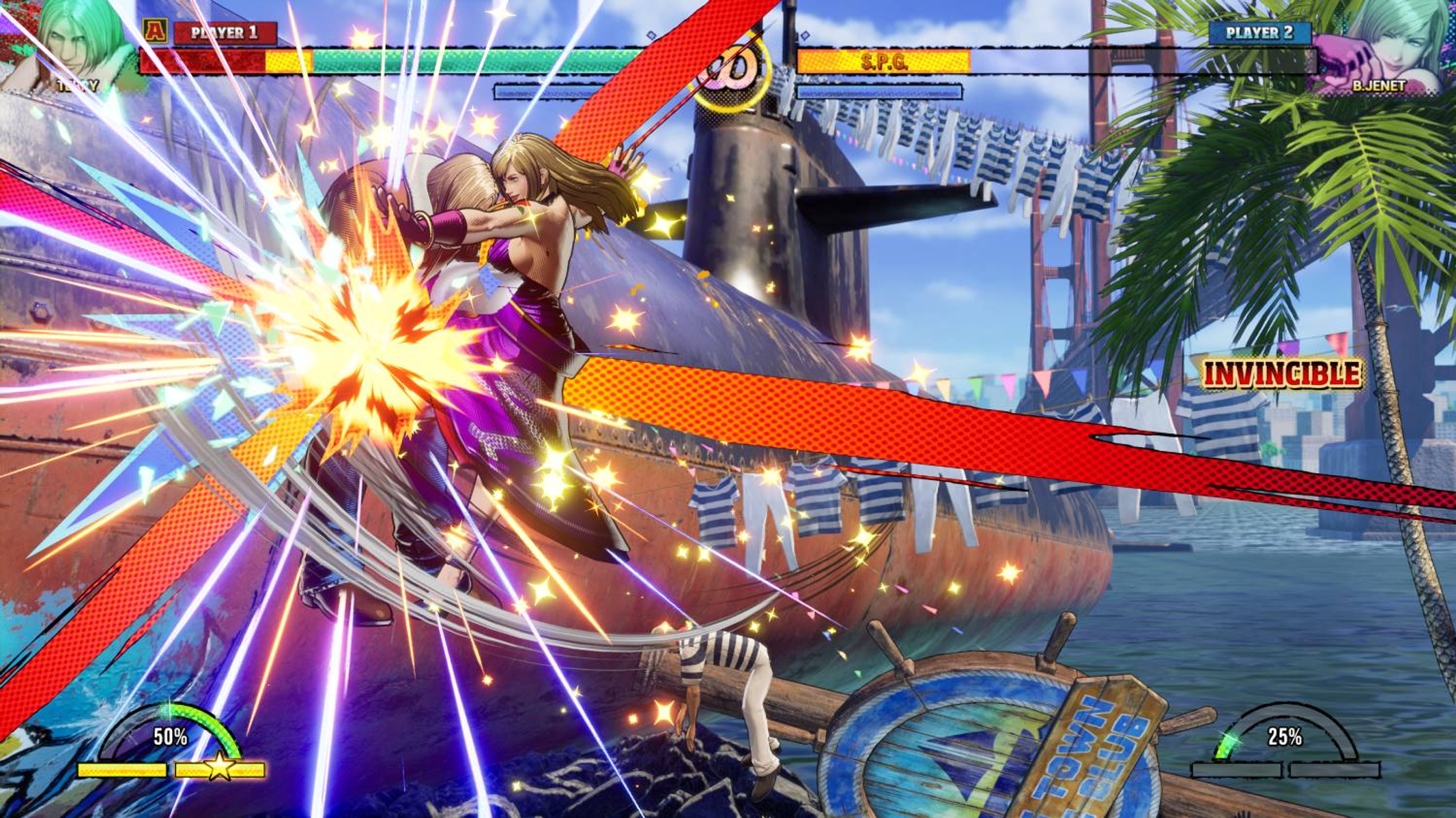 Scena z gry walki z dwoma żeńskimi postaciami w akcji, eksplozjami i tłem z łodzią podwodną.