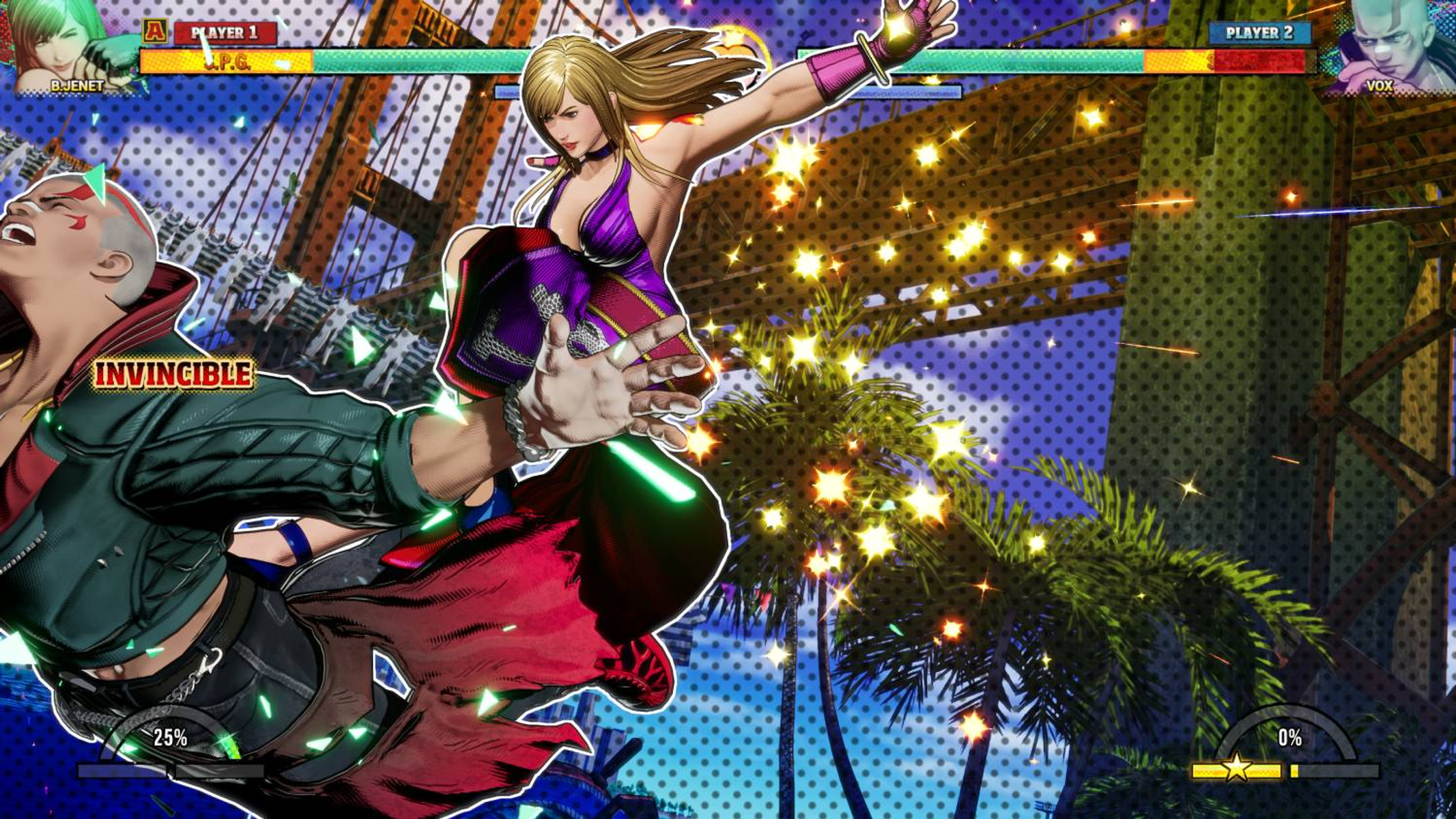 Scena z gry walki: jedna postać uderza drugą, z grafiką w stylu komiksów.