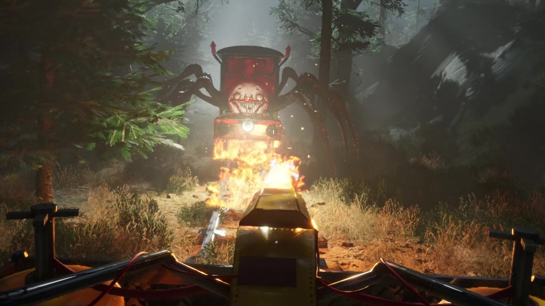 Scena horroru z demonicznym pociągiem w ciemnym lesie, płomienie i ogień.