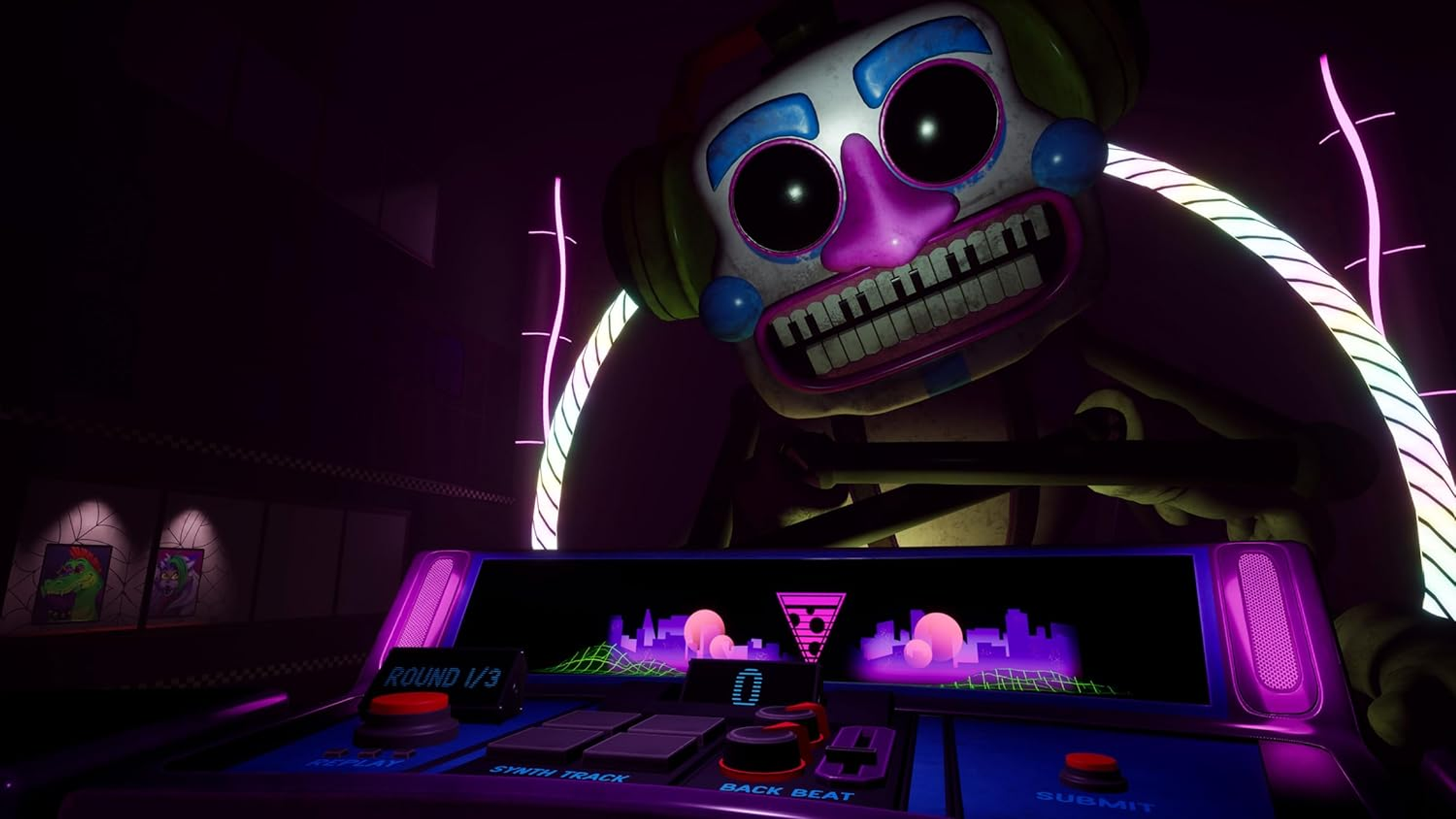 Animatroniczny robot DJ w neonowym pokoju. Obecne kontrolki.