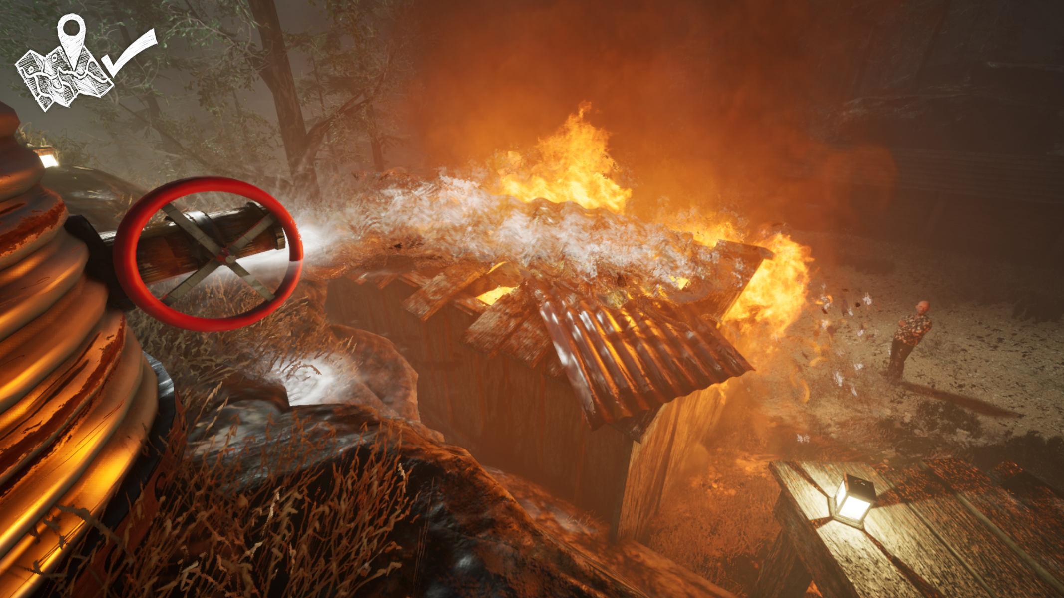 Płonący dom z płomieniami i dymem. Czerwone koło z krzyżem w lewym górnym rogu.