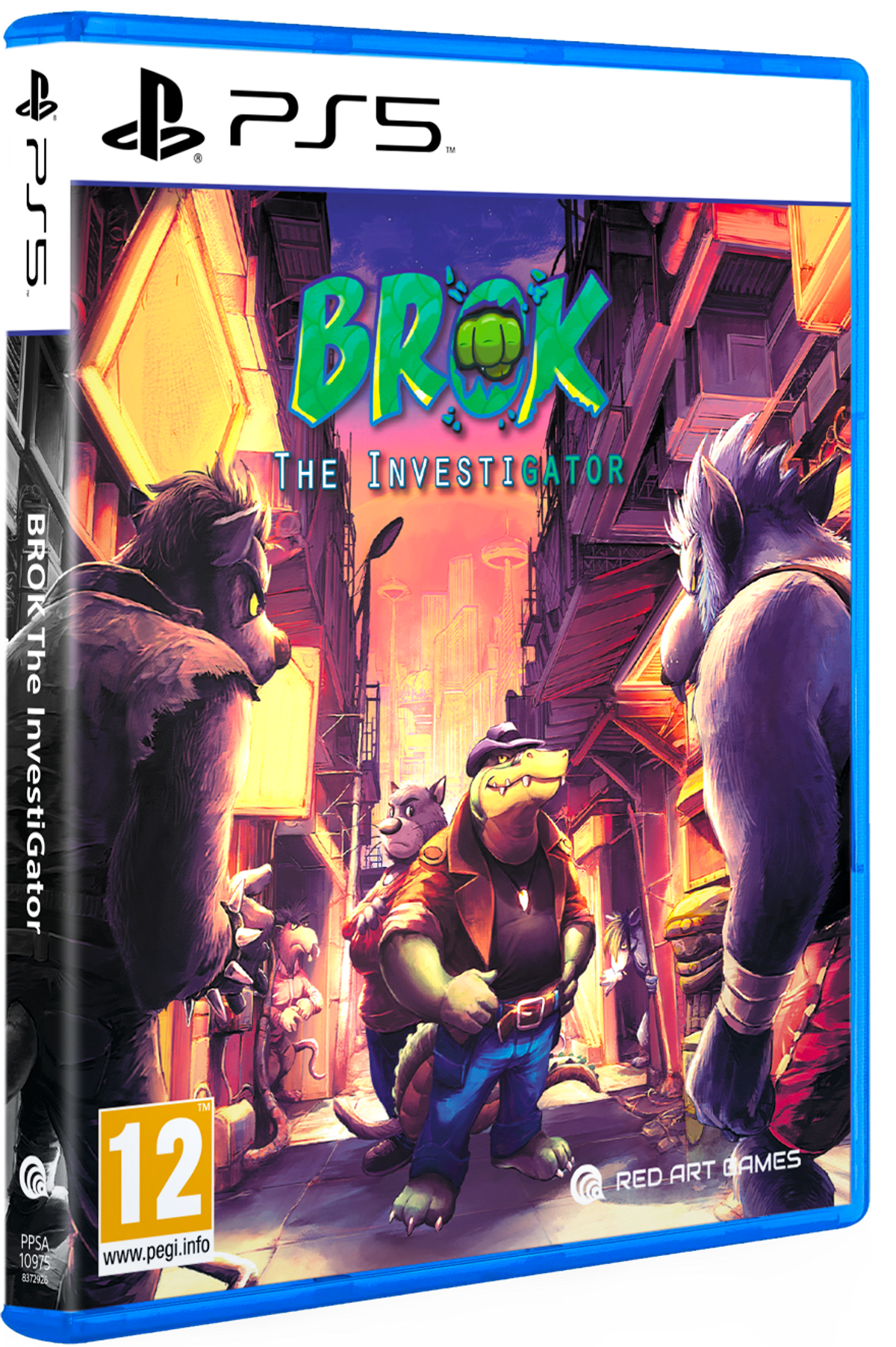 Caja del juego 'BROK The InvestiGator' para PS5. Con personajes de dibujos animados de caimanes en ciudad.