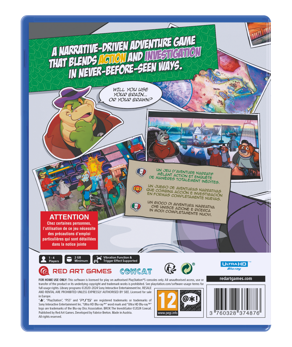 Parte trasera de la caja del juego con personajes de dibujos animados y texto. Una tortuga en traje.
