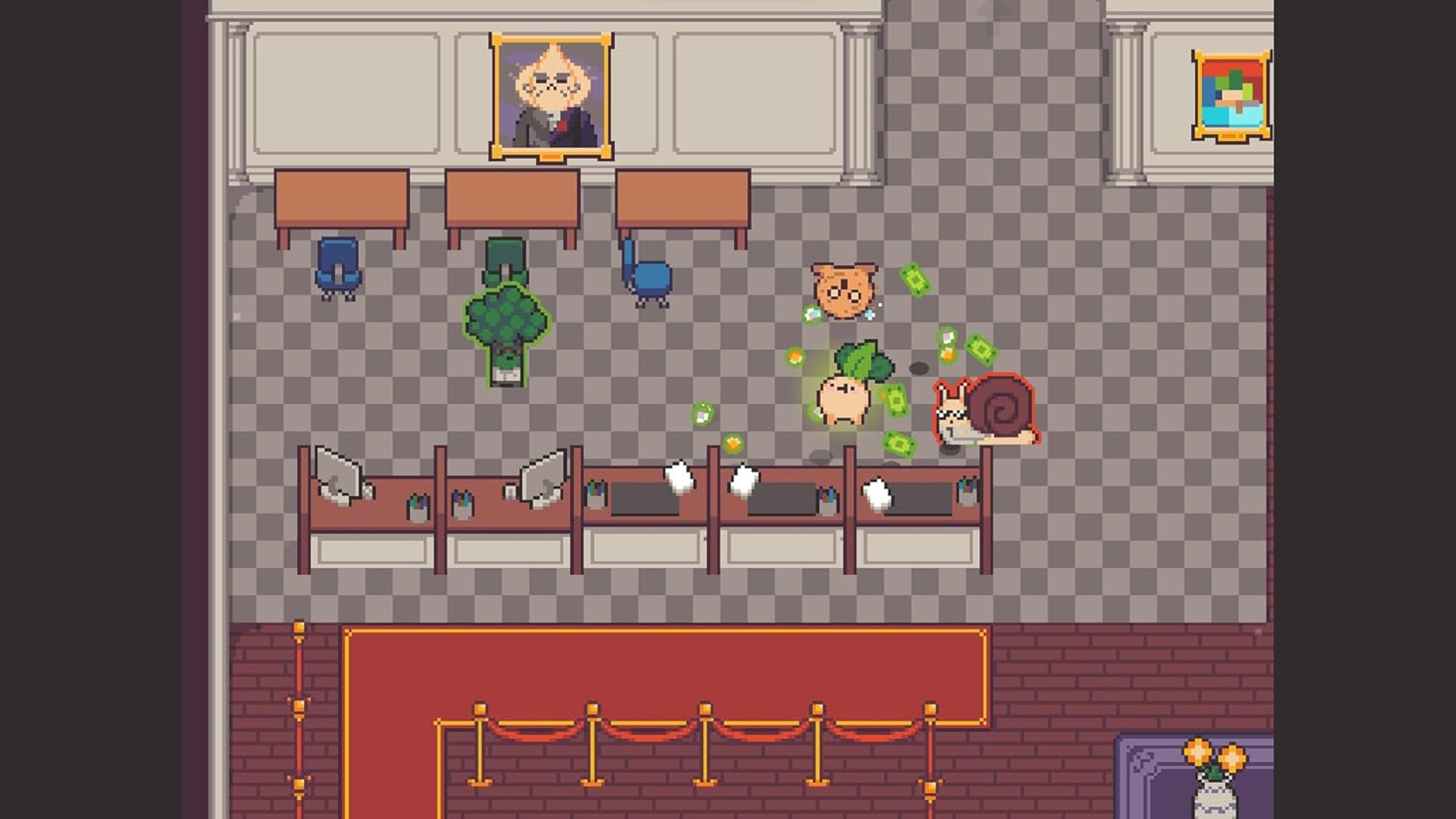 Scena pixel art di un interno bancario con vari personaggi e denaro.