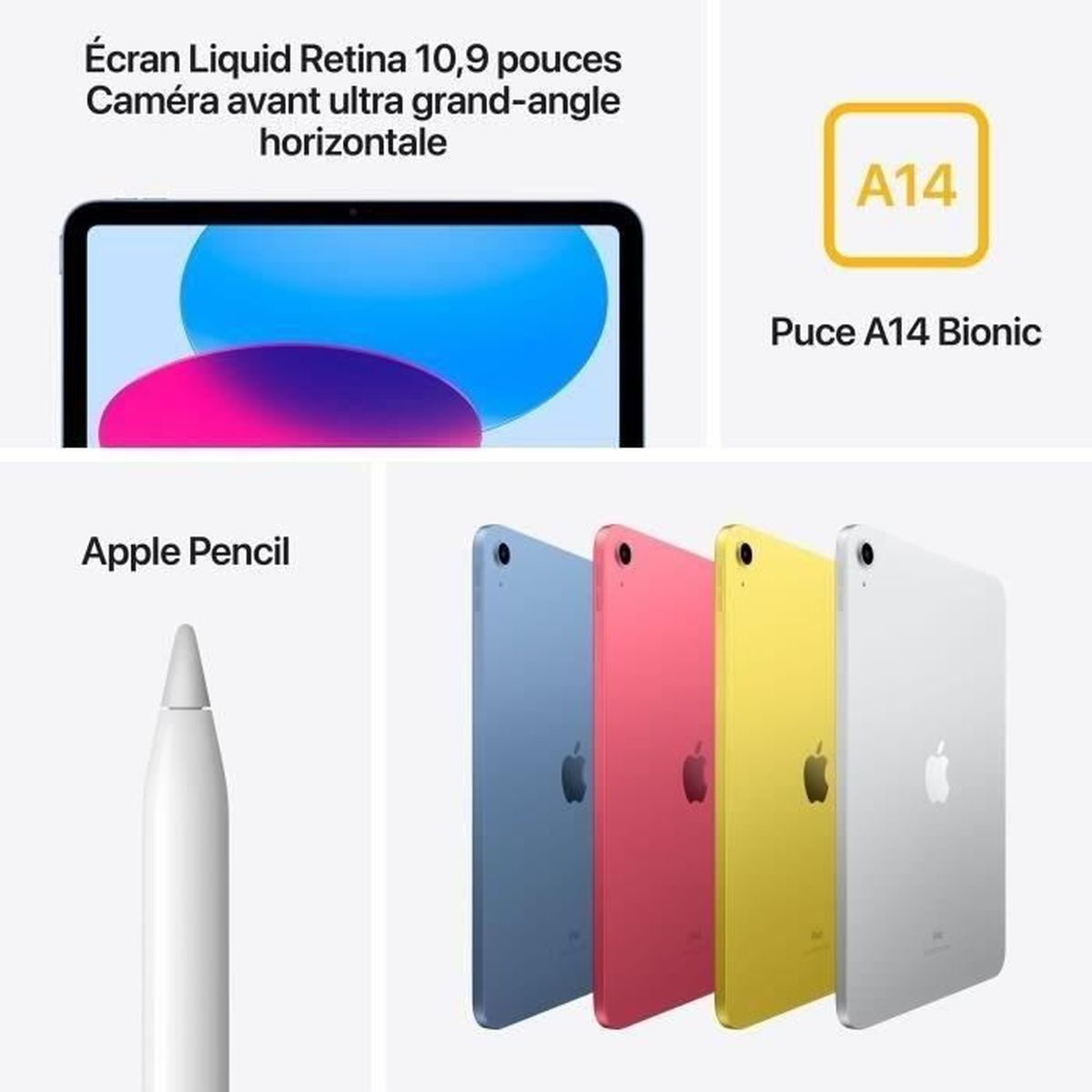 Een iPad met een kleurrijk scherm, details over de A14 Bionic-chip en andere iPad-kleuren.