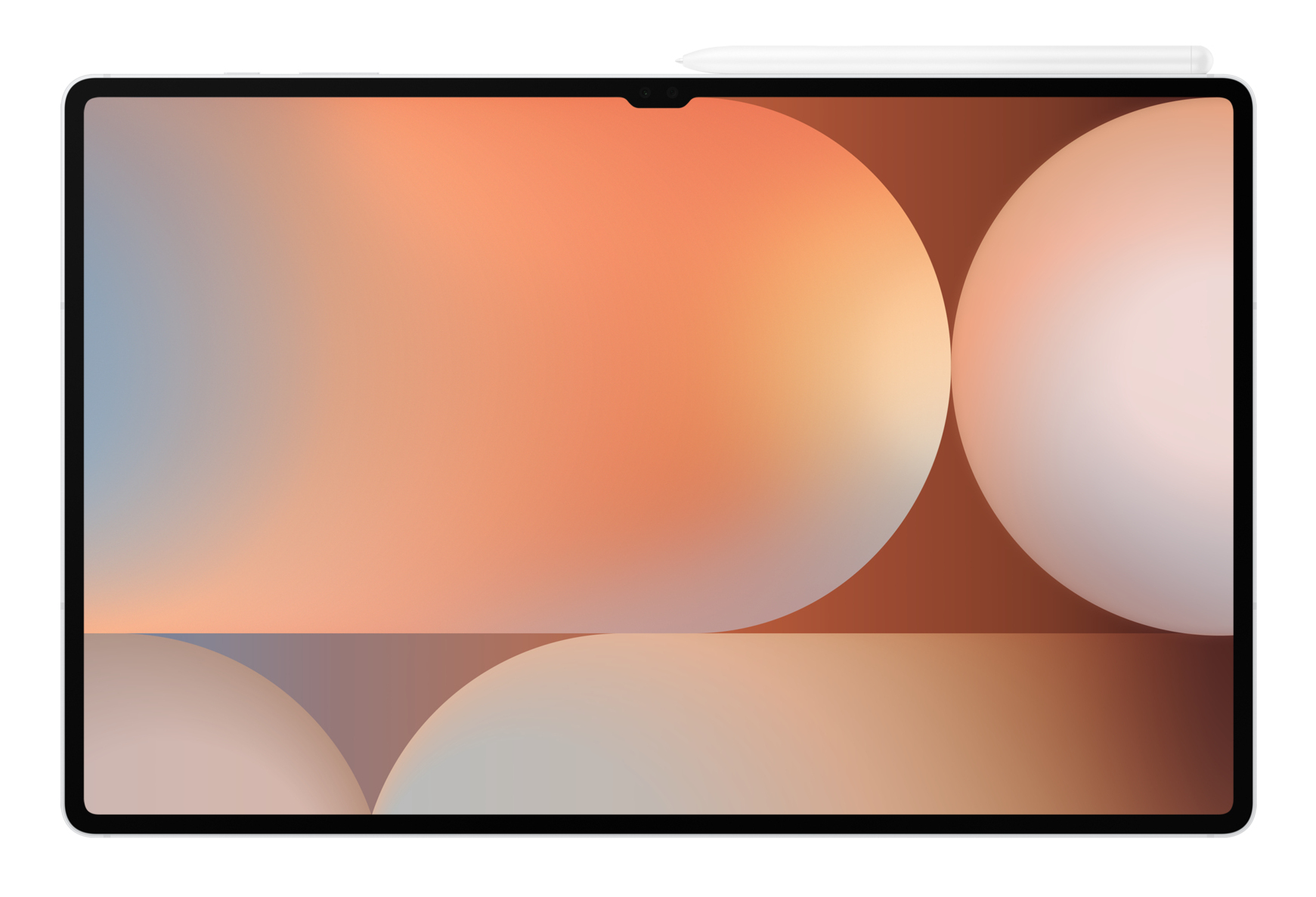 Tablet z gradientowym pomarańczowo-niebieskim tłem, czarną ramką i białym rysikiem na górze.