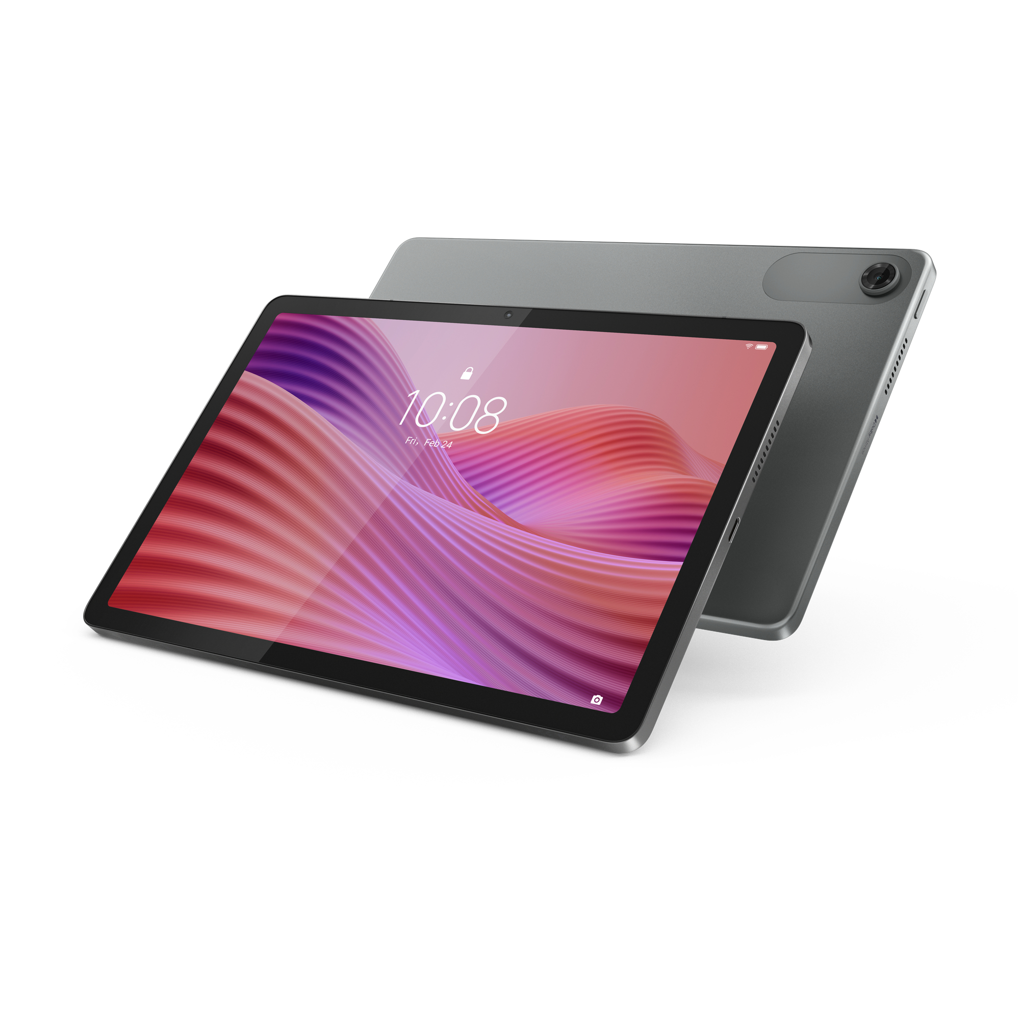 Een grijze tablet met een donker scherm. Een andere tablet, ook grijs, erachter. Beide op een witte achtergrond.