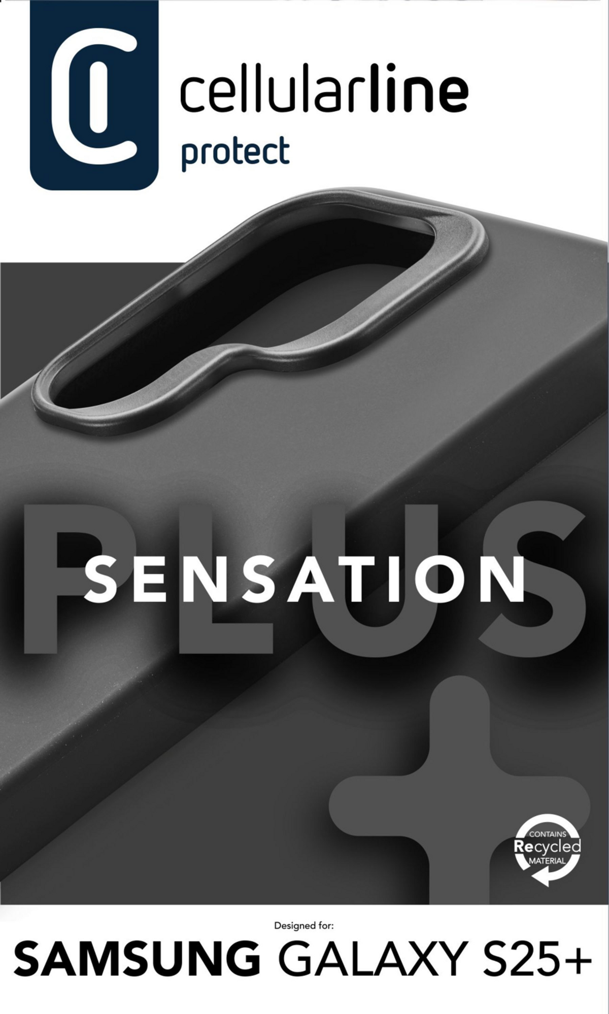 Una custodia per telefono nera con la parola 'SENSATION' e il nome del marchio Cellularline Protect.