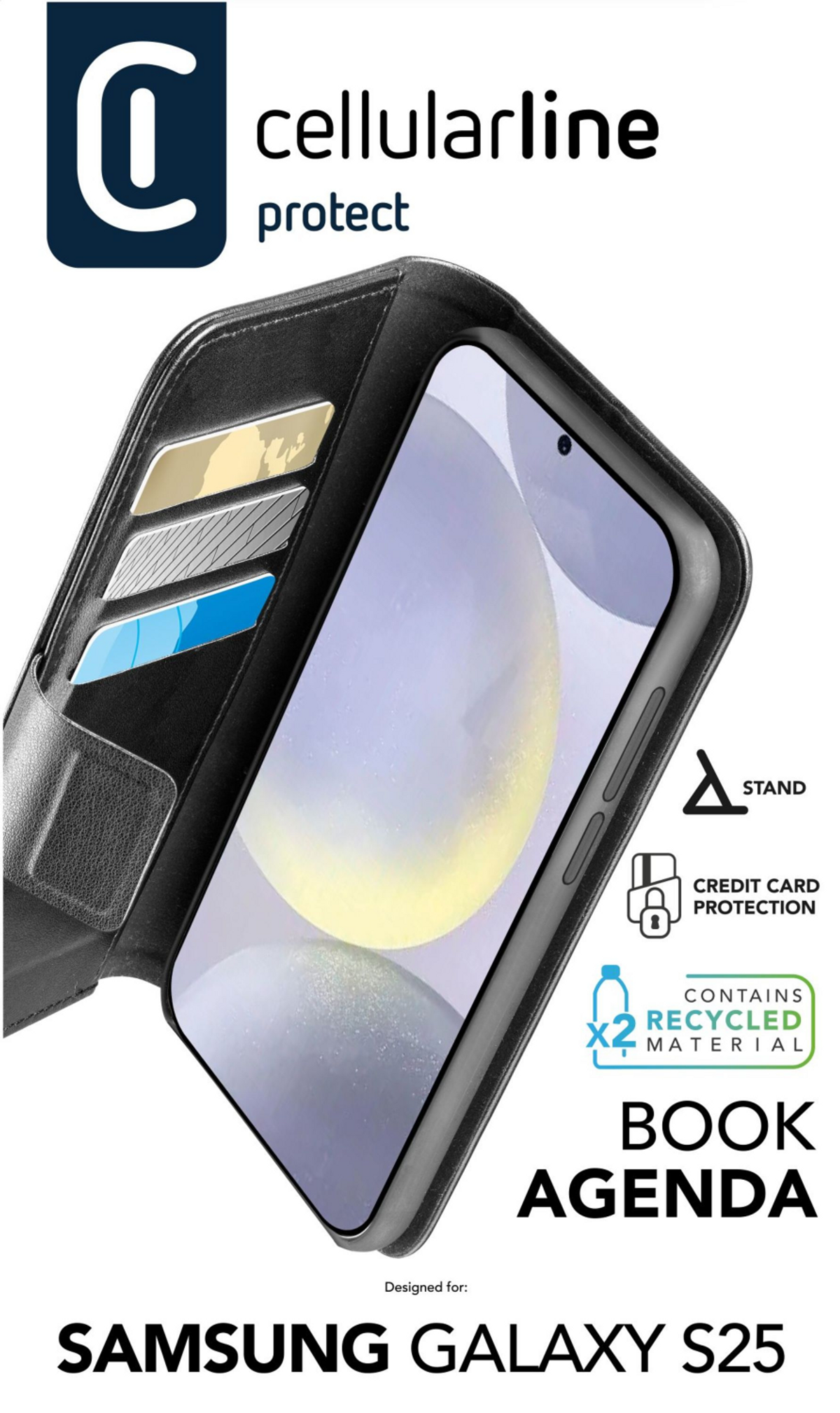 CELLULARLINE 8018080491320 Custodia a libro per Samsung Galaxy S25, Nero