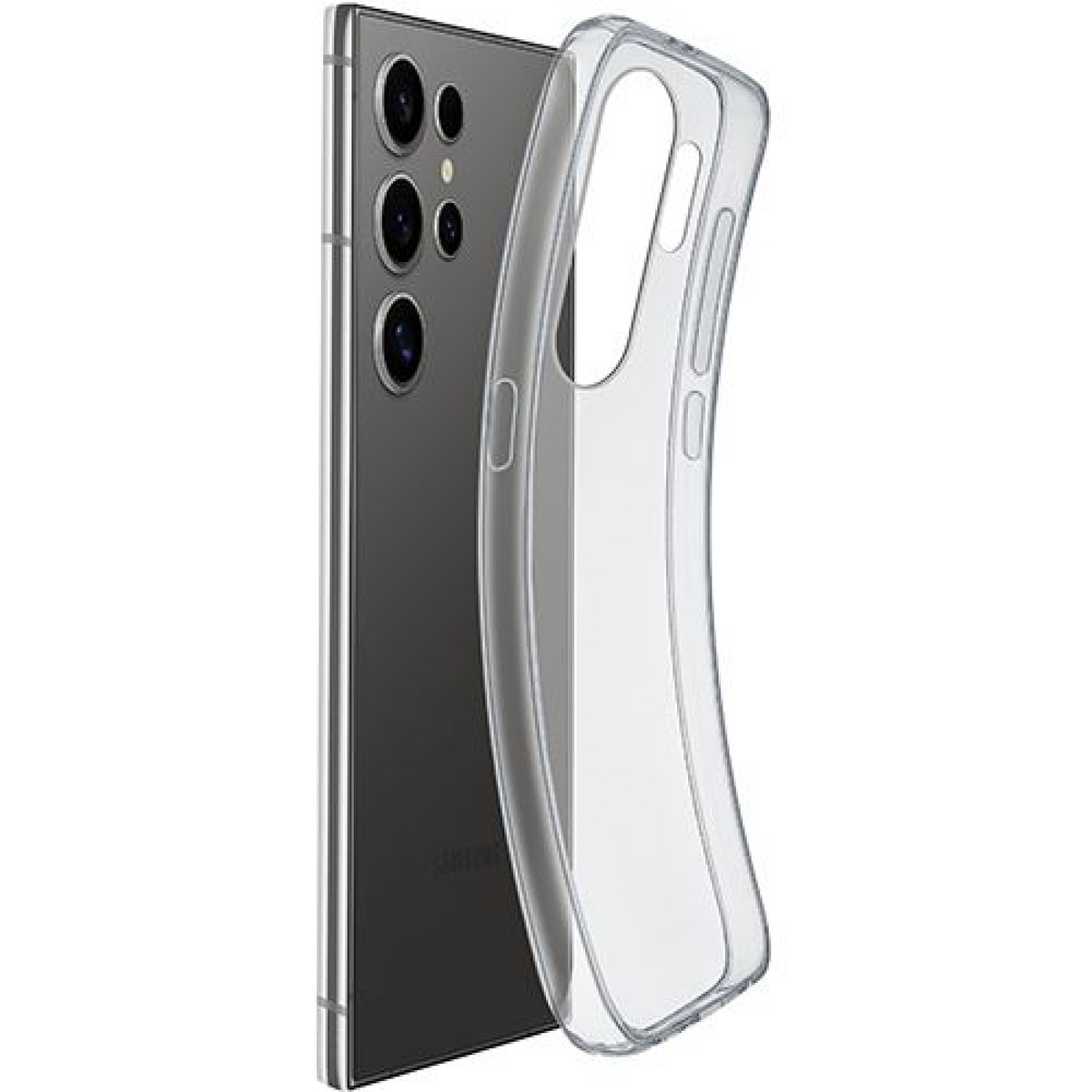Uno smartphone e una custodia trasparente. Il telefono è grigio, la custodia trasparente.