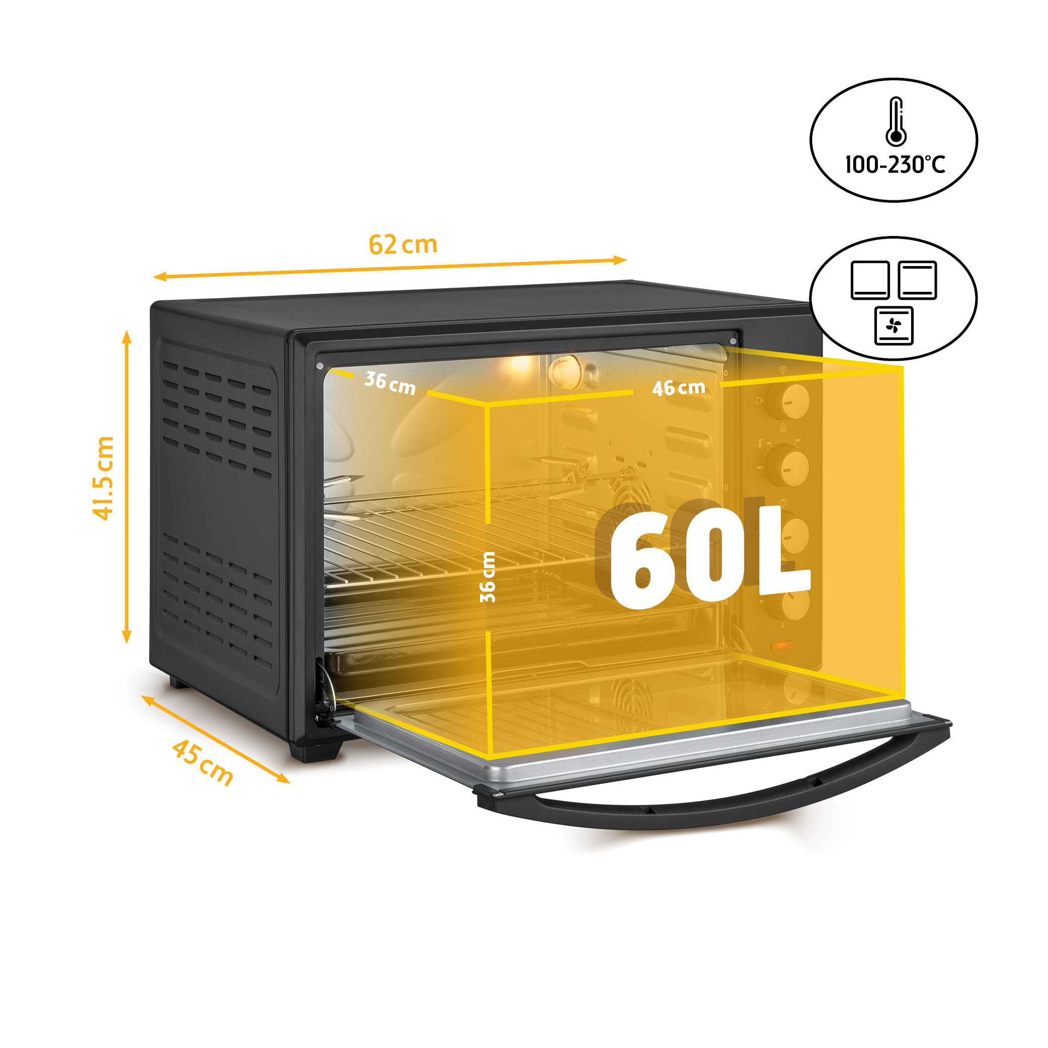 Ein schwarzer 60L-Ofen mit Abmessungen und Temperaturanzeigen. Die Ofentür ist offen und zeigt das Innere.