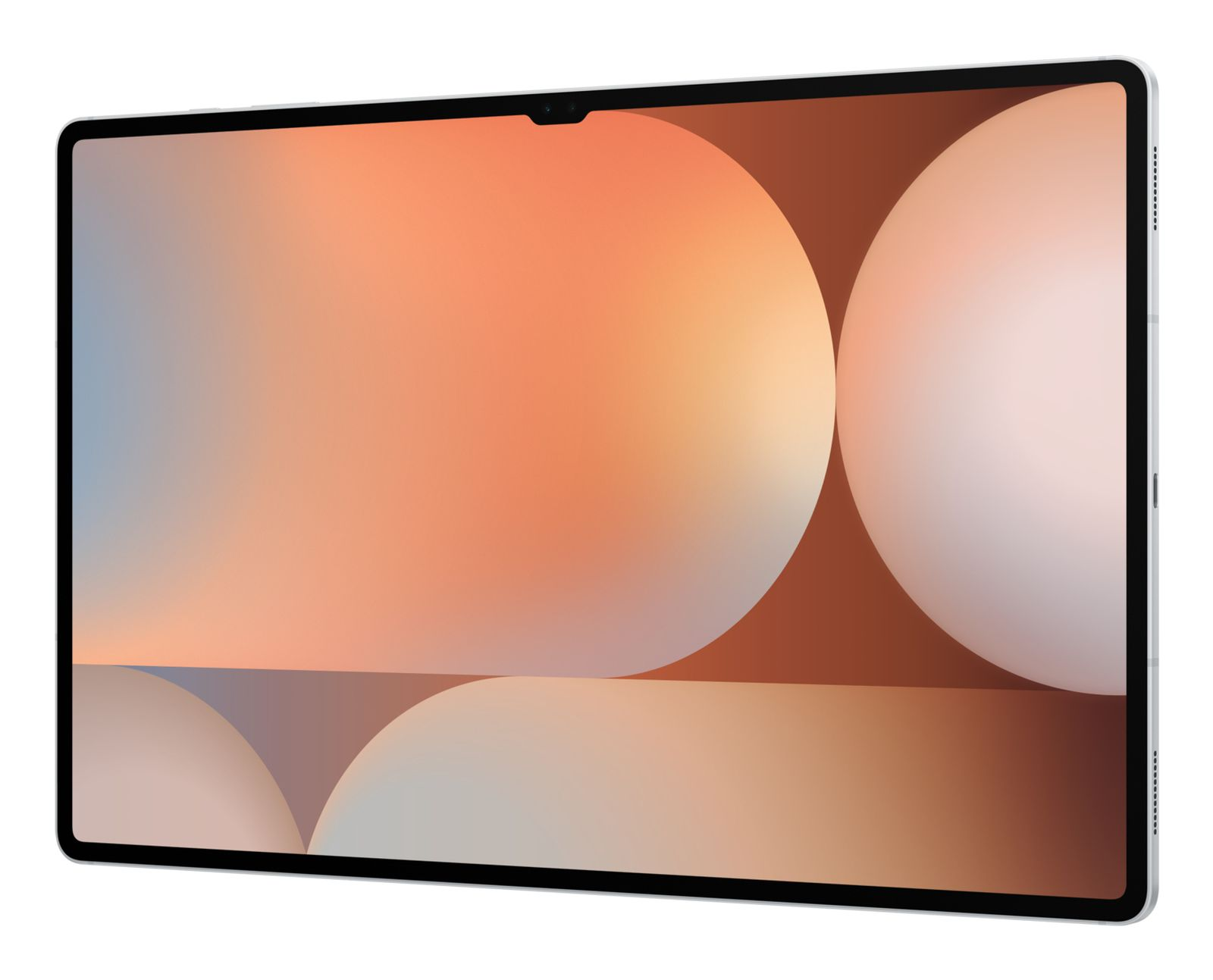 Tablet z gradientowym ekranem z kołami w kolorach pomarańczowym i białym.