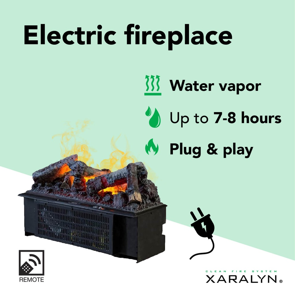 Een elektrische open haard, met waterdamp, tot 7-8 uur en plug & play. Inclusief afstandsbediening en stekker.