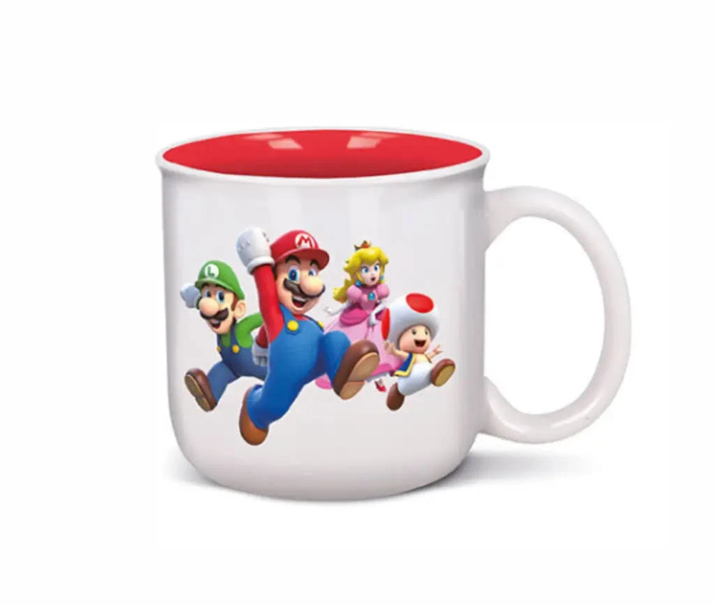 Una taza blanca con imágenes de dibujos animados de Mario, Luigi, Peach y Toad. El interior de la taza es rojo.