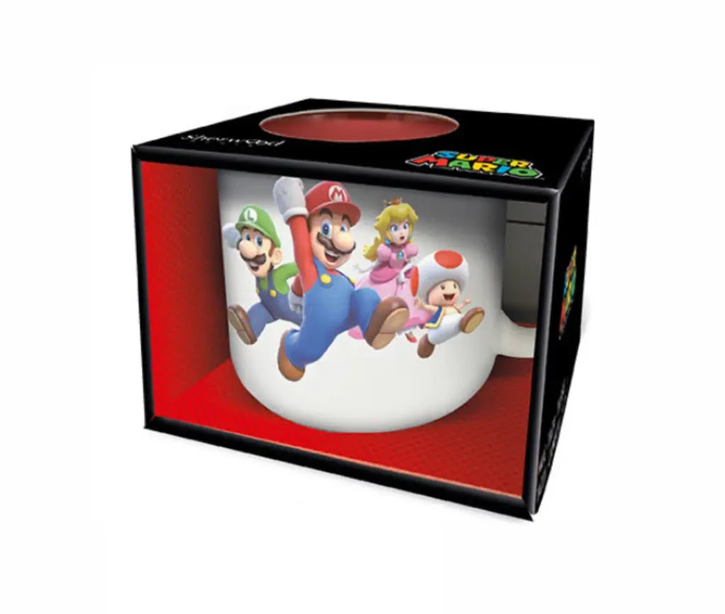 Una taza de Super Mario en una caja, con Mario, Luigi, Peach y Toad corriendo en la superficie de la taza.