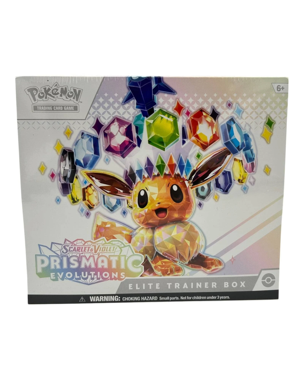 Pokemon Scarlet & Violet Prismatic Evolutions Elite Trainer Box, mit einer Pikachu-ähnlichen Figur.