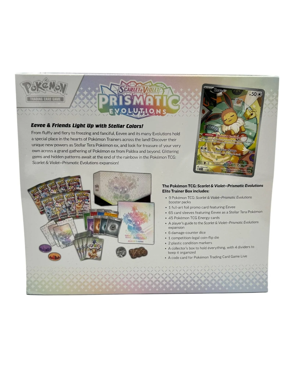 Eine Pokémon Scarlet & Violet Prismatic Evolutions Elite Trainer Box mit verschiedenen Gegenständen.