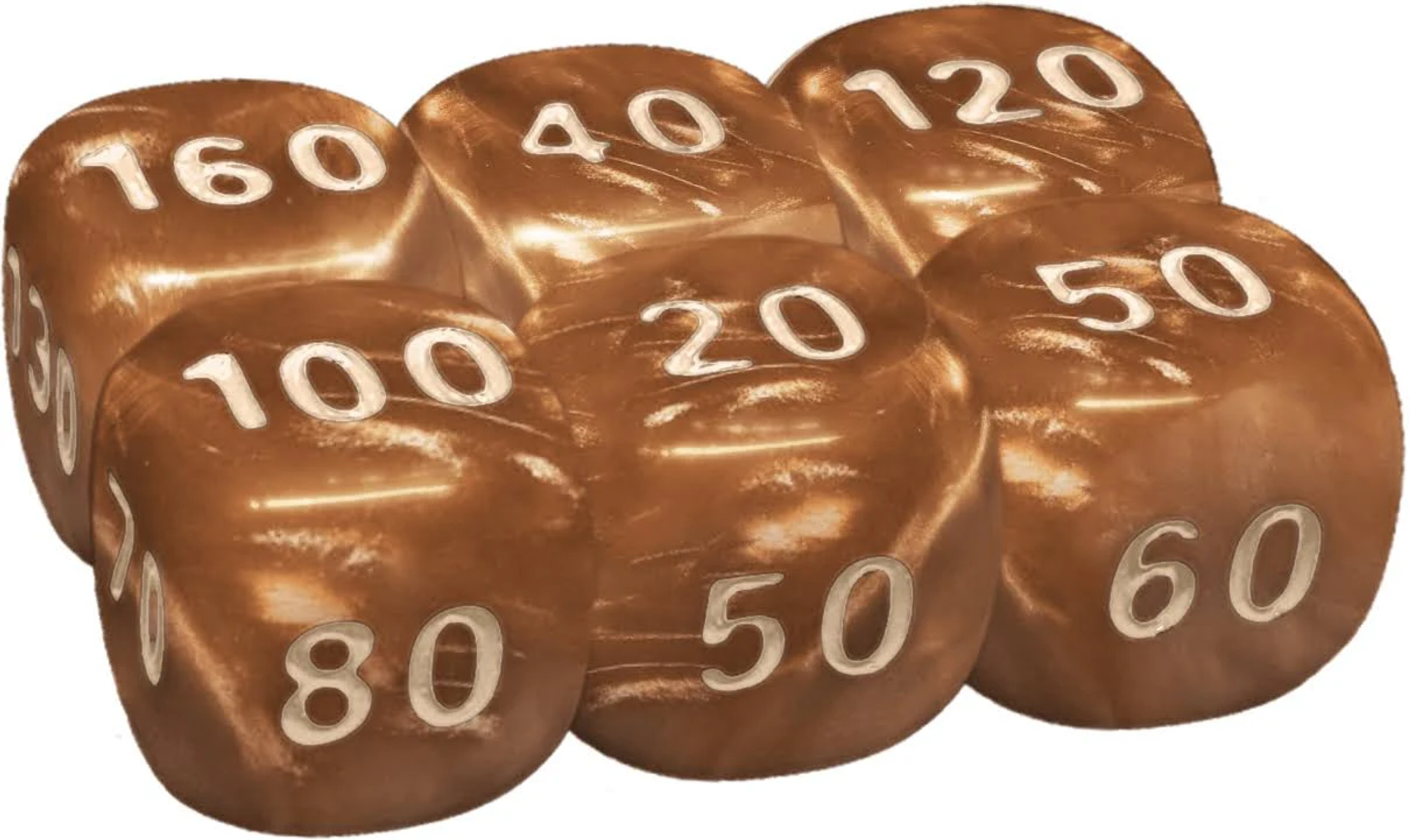 Sechs braune Würfel mit weißen Zahlen, darunter 20, 40, 50, 60, 80, 100, 120 und 160.