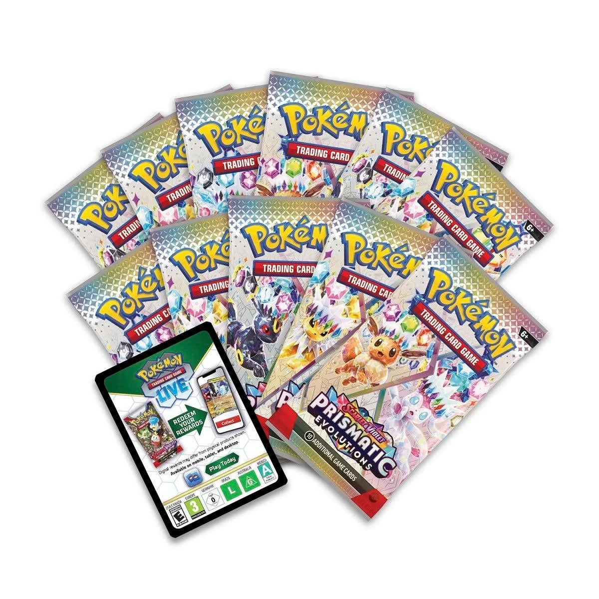 Eine Sammlung von Pokémon-Kartenpackungen und einer Werbekarte. Die Packungen sind bunt.